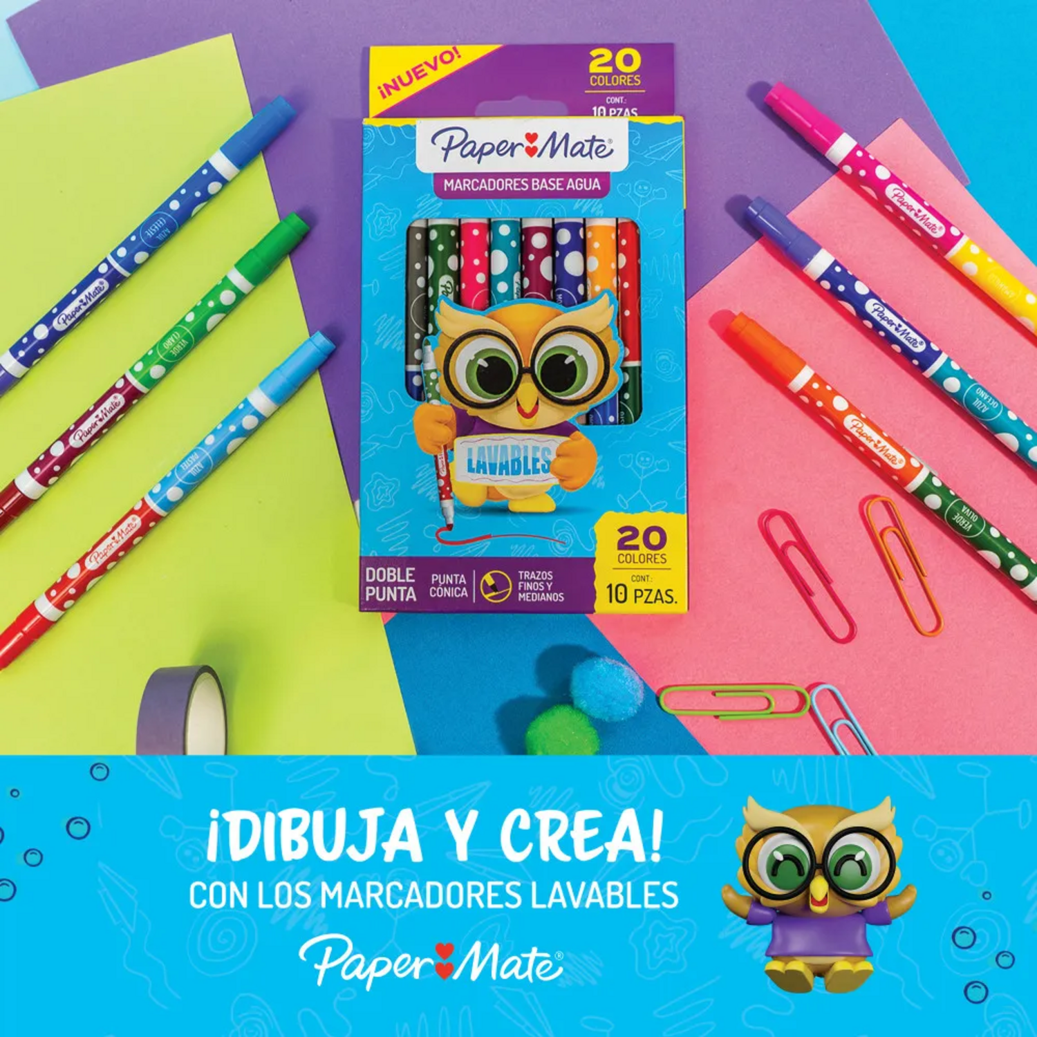 Plumones Marcadores Doble Punta Cónica PaperMate 10 Colores