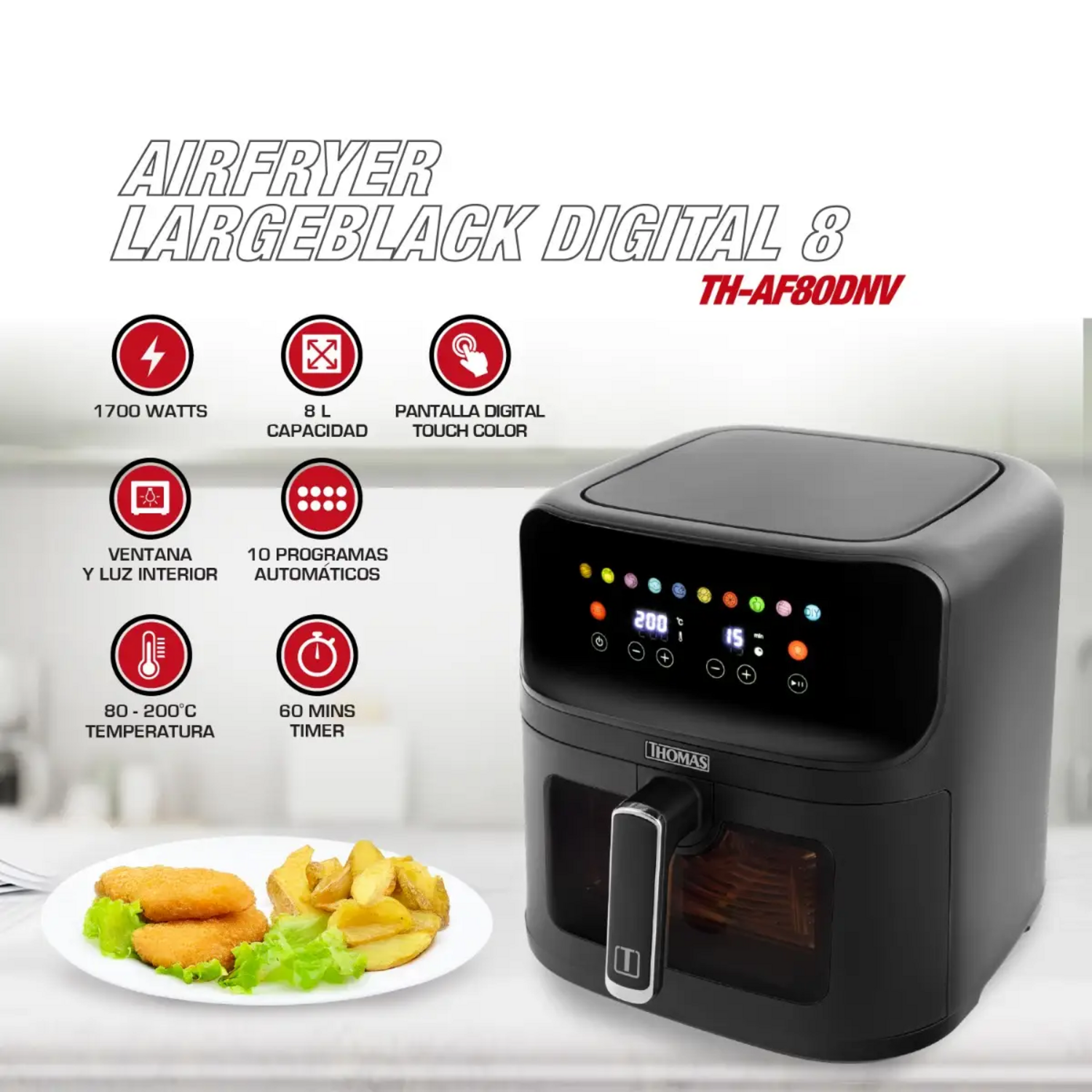 Freidora Air Fryer Thomas 8L Digital Touch Ventana 1700W