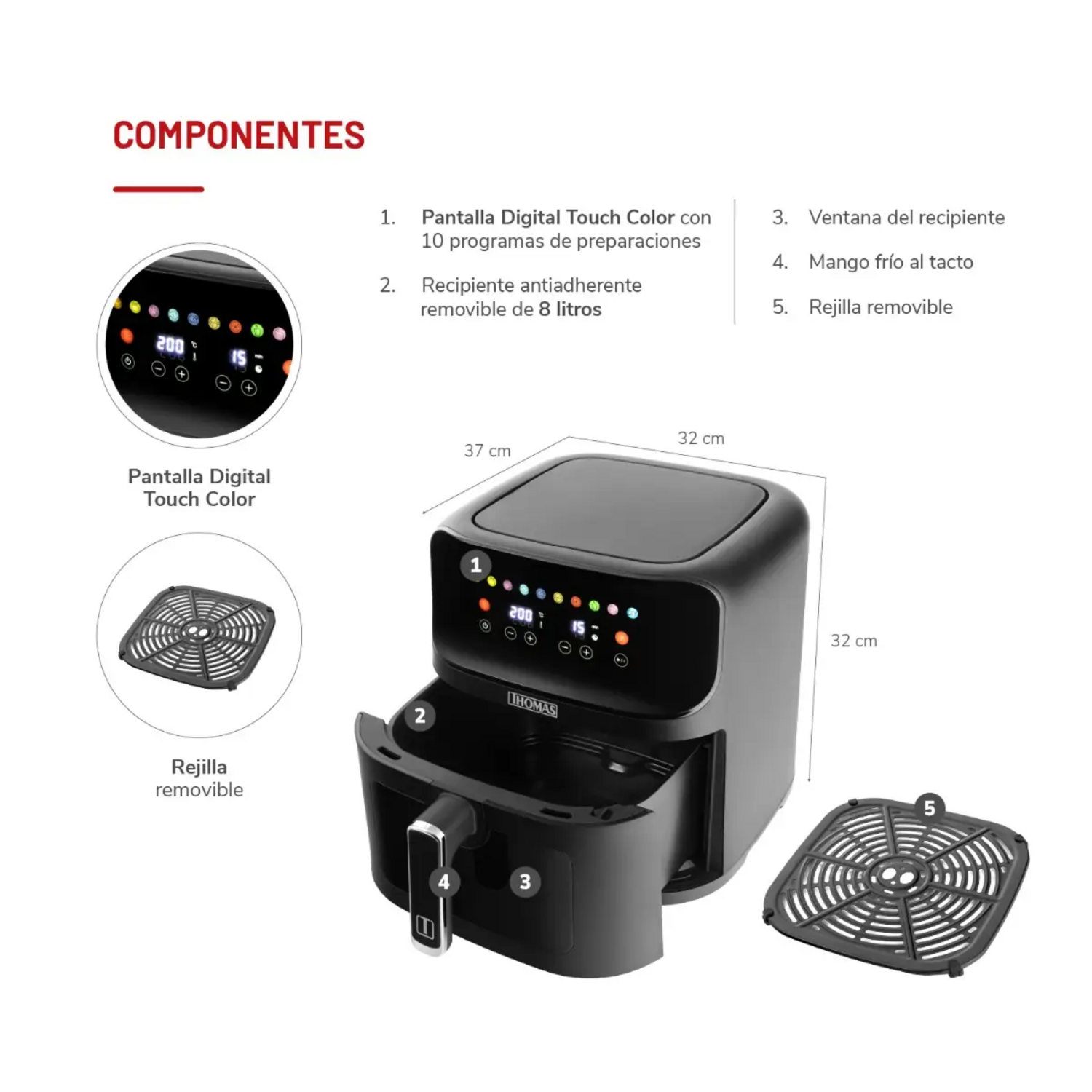 Freidora Air Fryer Thomas 8L Digital Touch Ventana 1700W