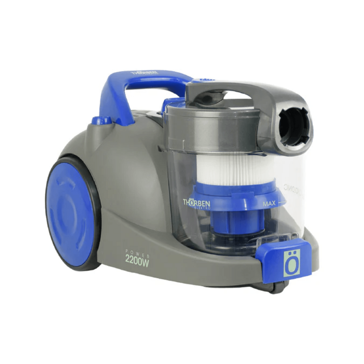 Aspiradora ciclonica sin bolsa HEPA 2200W Thorben en color gris y azul con diseño compacto.