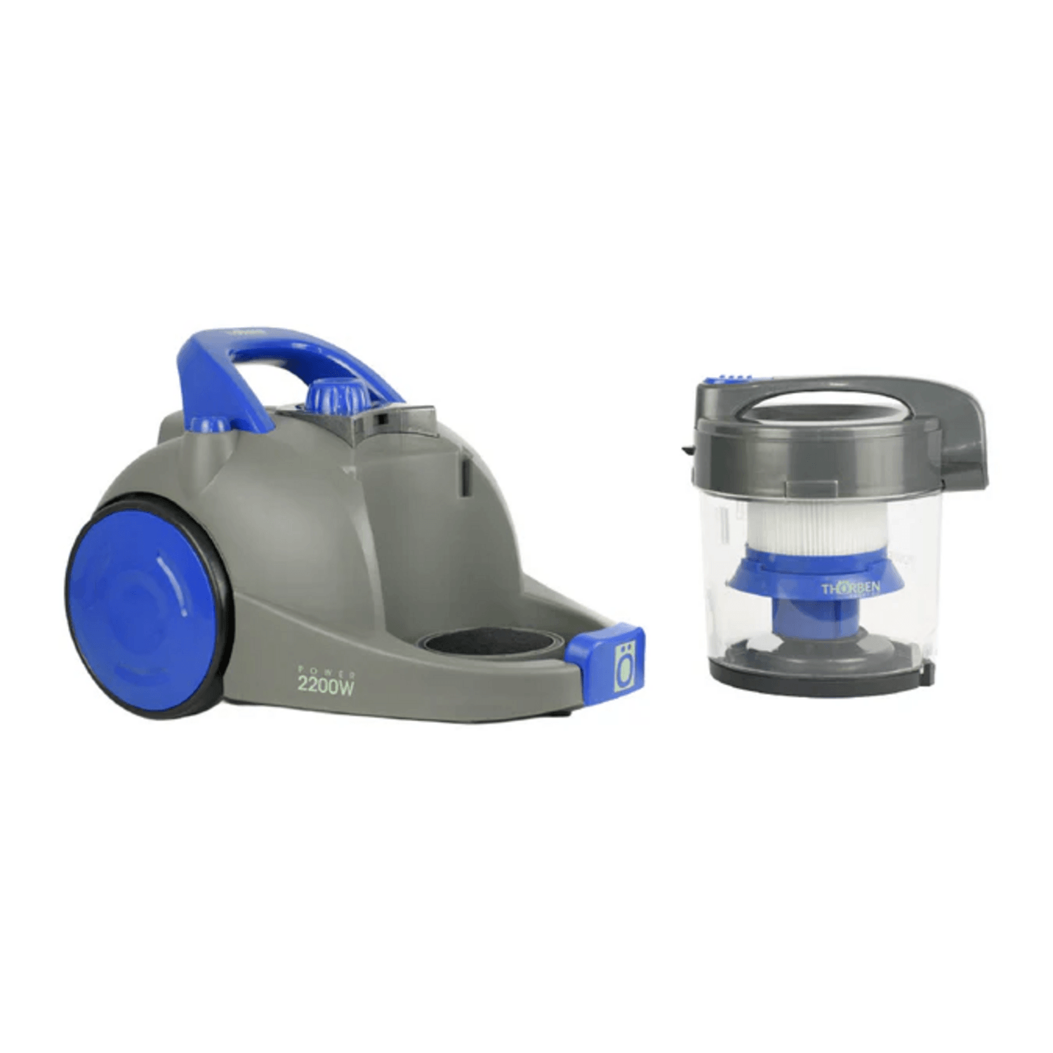Aspiradora ciclonica sin bolsa HEPA 2200W Thorben con depósito de polvo y diseño moderno en gris y azul.