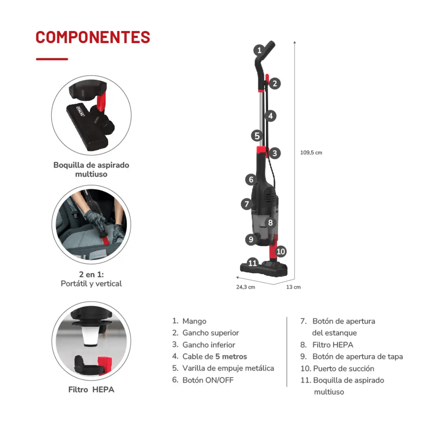 Aspiradora Vertical 2 en 1 Thomas TH-1020C Filtro HEPA 600W