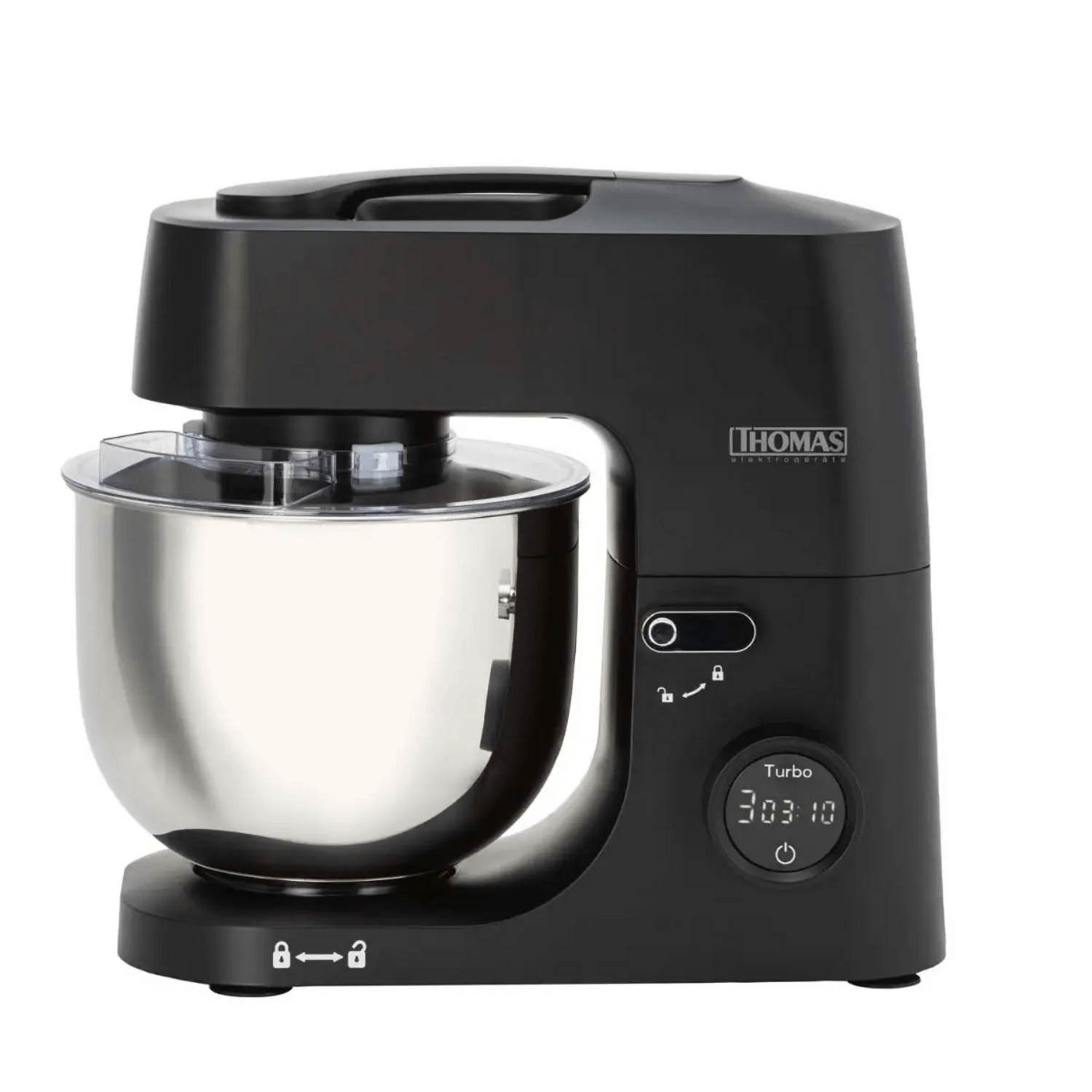 Batidora planetaria Thomas 1000W acero, con bowl de 5L y diseño moderno en color negro.