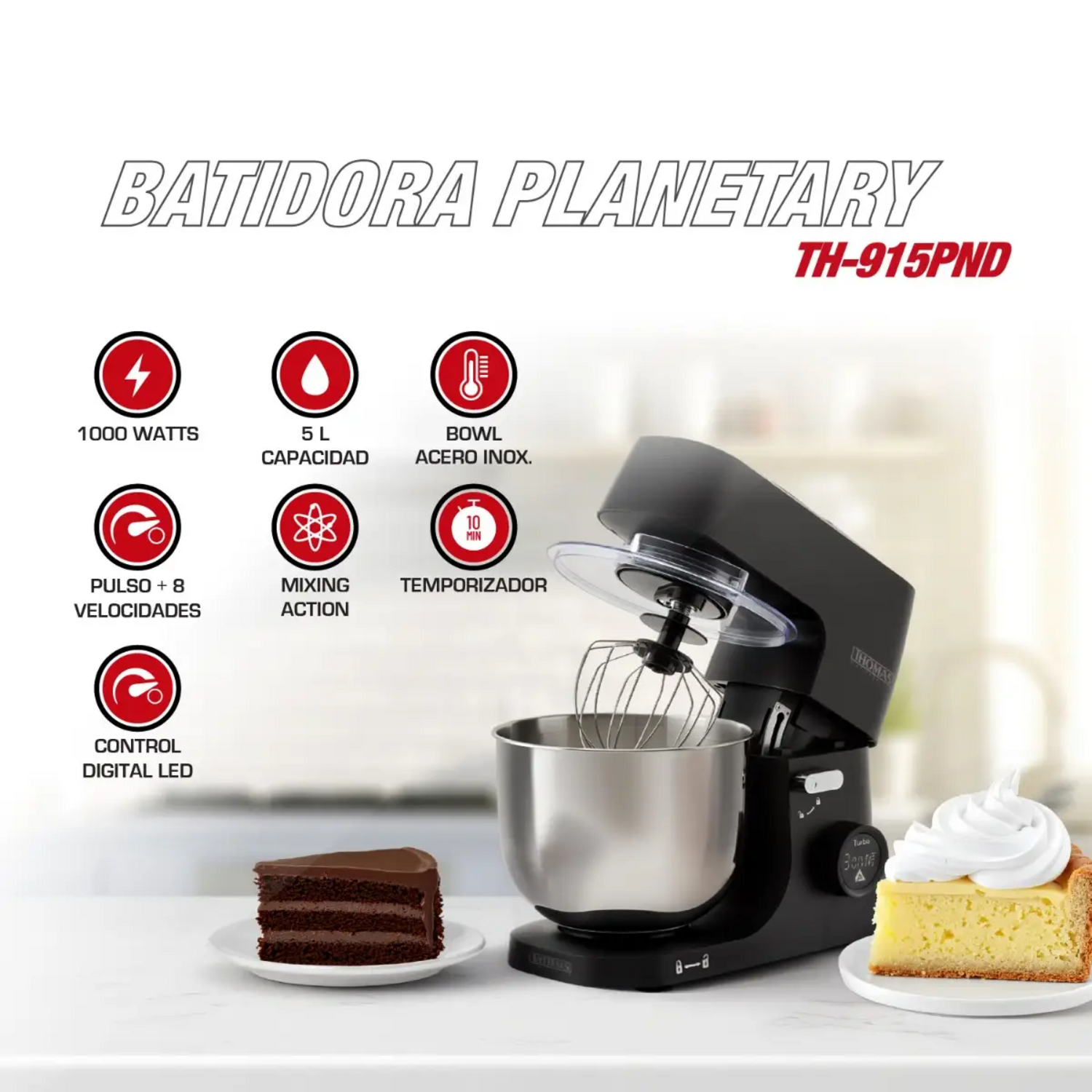 Batidora Planetaria Thomas TH-915PND 1000W Bowl 5L Acero