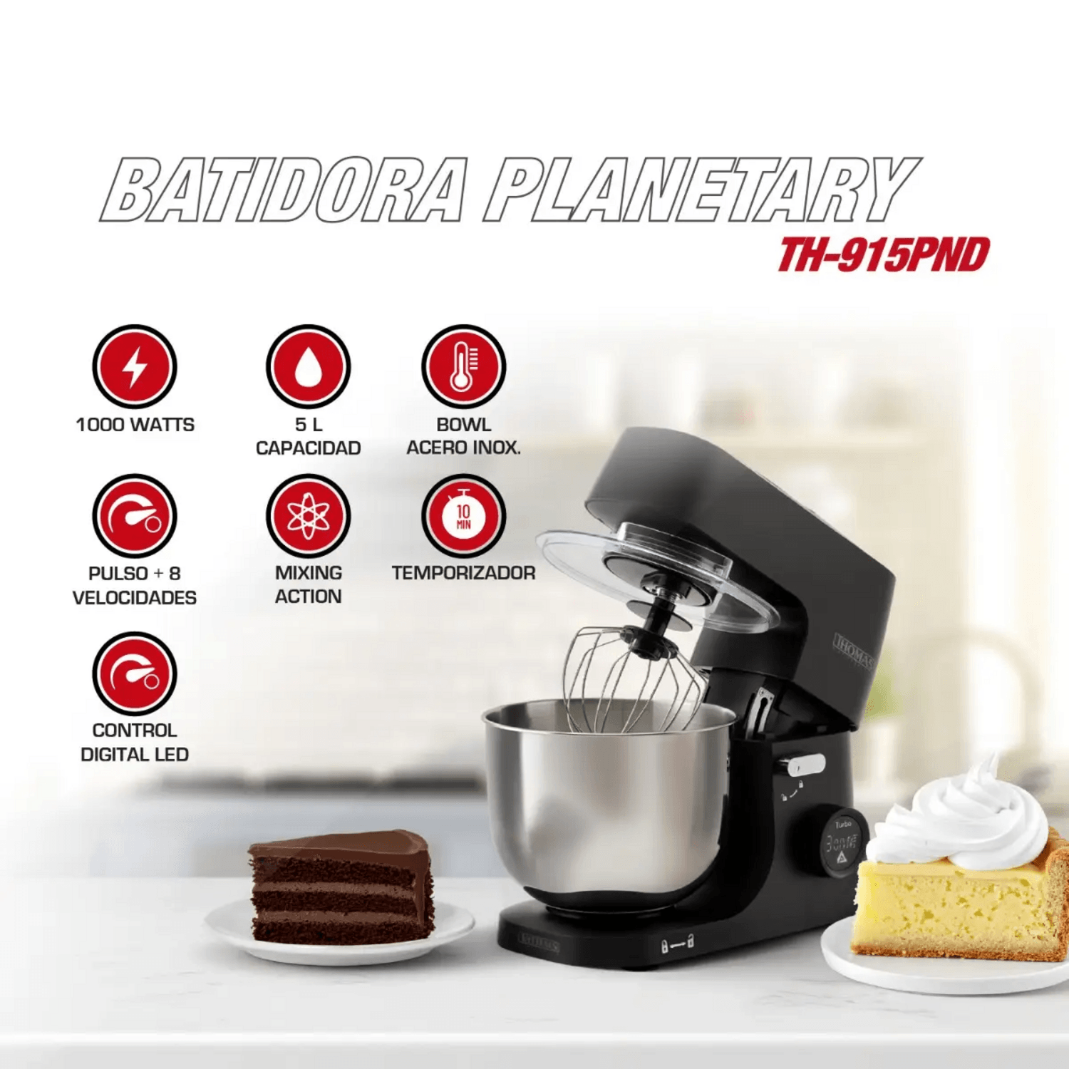 Batidora planetaria Thomas 1000W acero con bowl de 5L, ideal para cocinar y repostería.