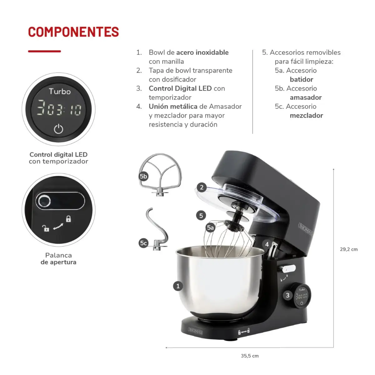Batidora Planetaria Thomas TH-915PND 1000W Bowl 5L Acero