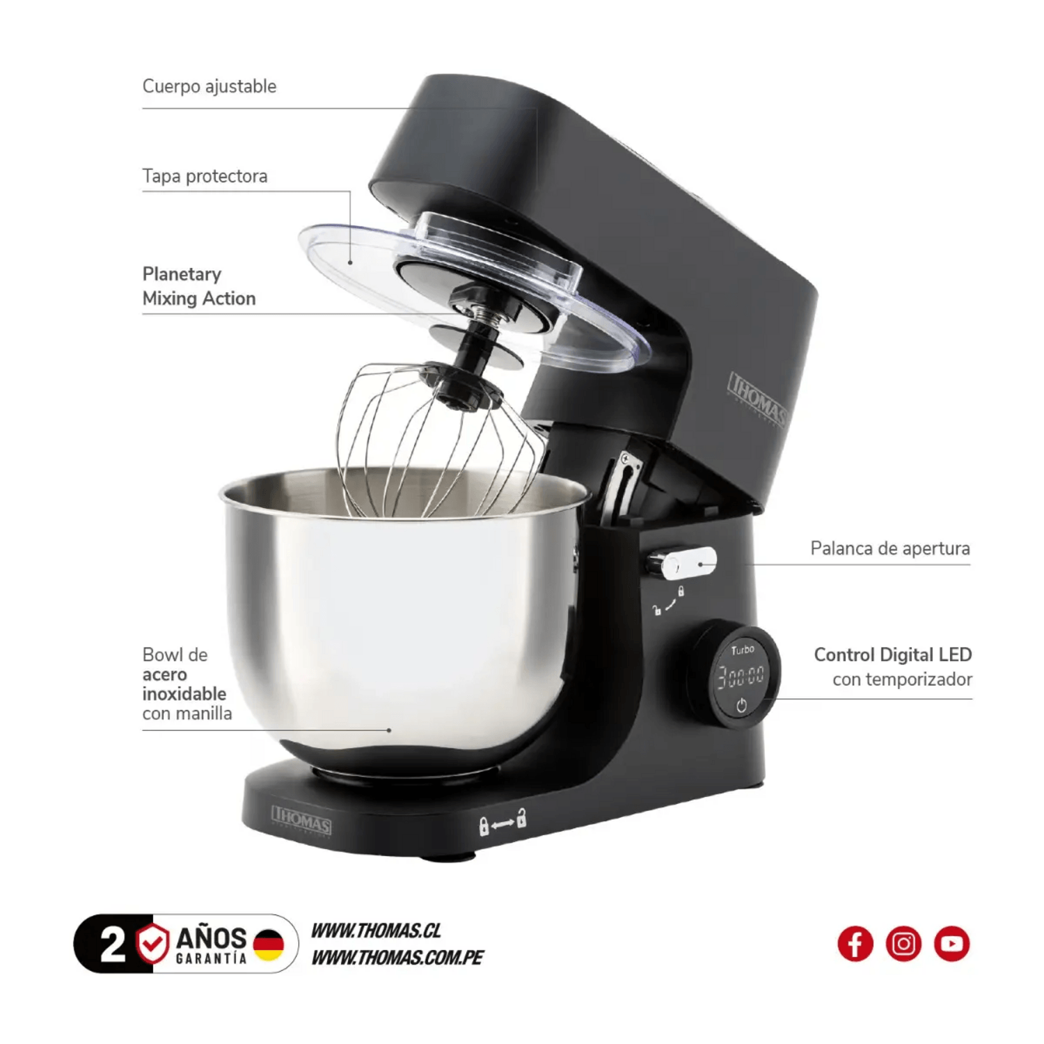 Batidora planetaria Thomas 1000W acero con bowl de 5L y control digital LED para mezclar ingredientes.