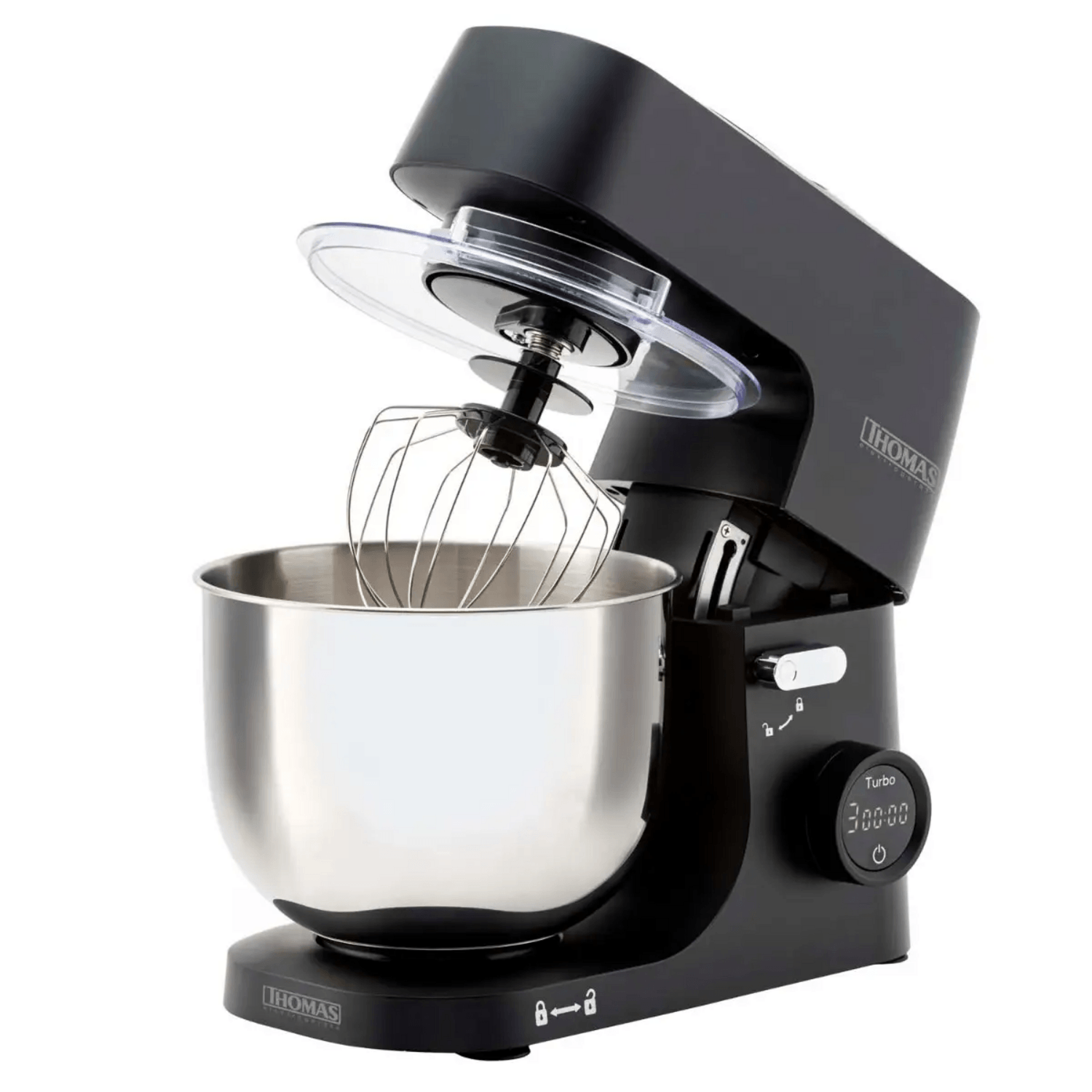 Batidora planetaria Thomas 1000W acero en color negro con bowl de acero de 5L, ideal para mezclar ingredientes.