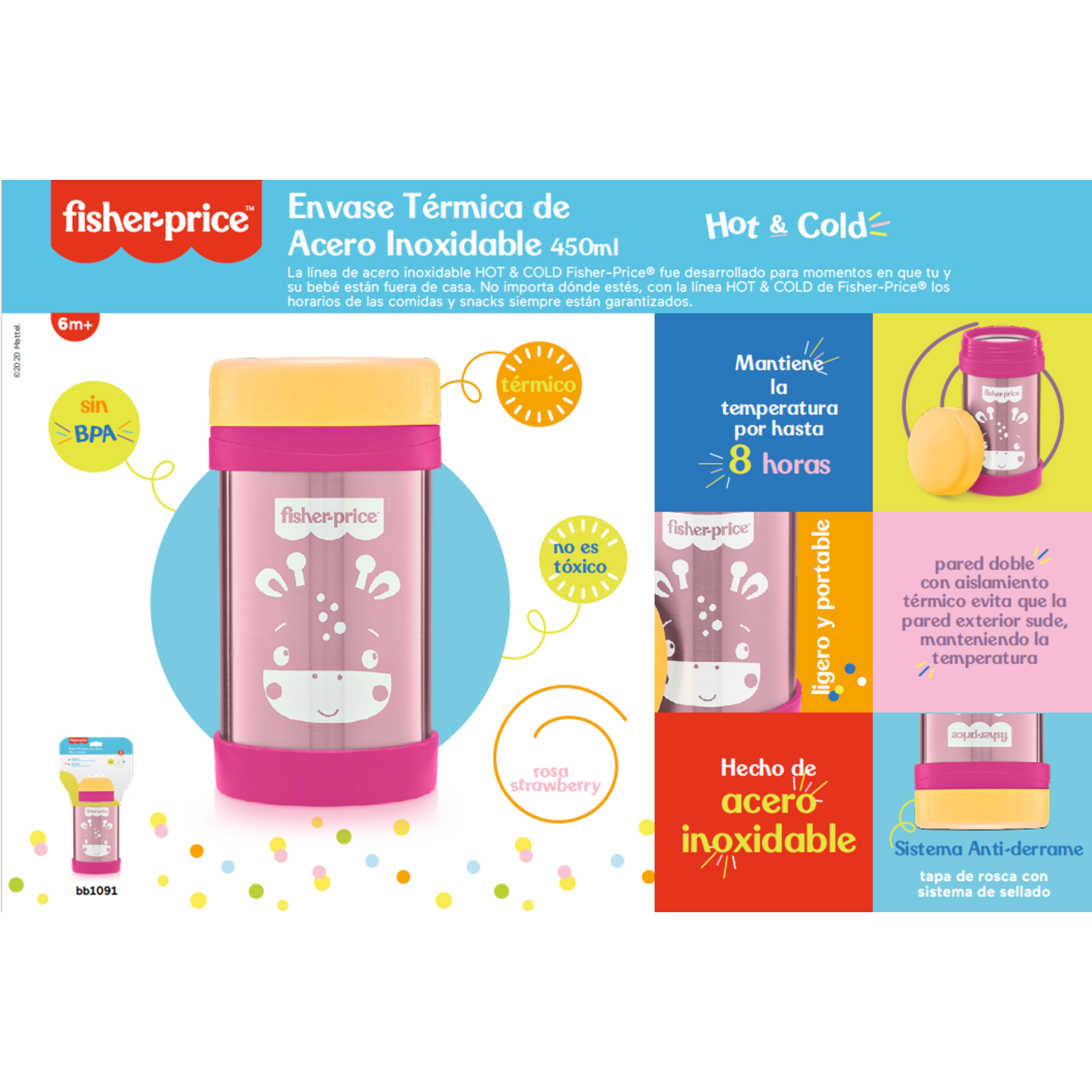 Termo Acero Inox Fisher Price 450ml Rosa BB1091