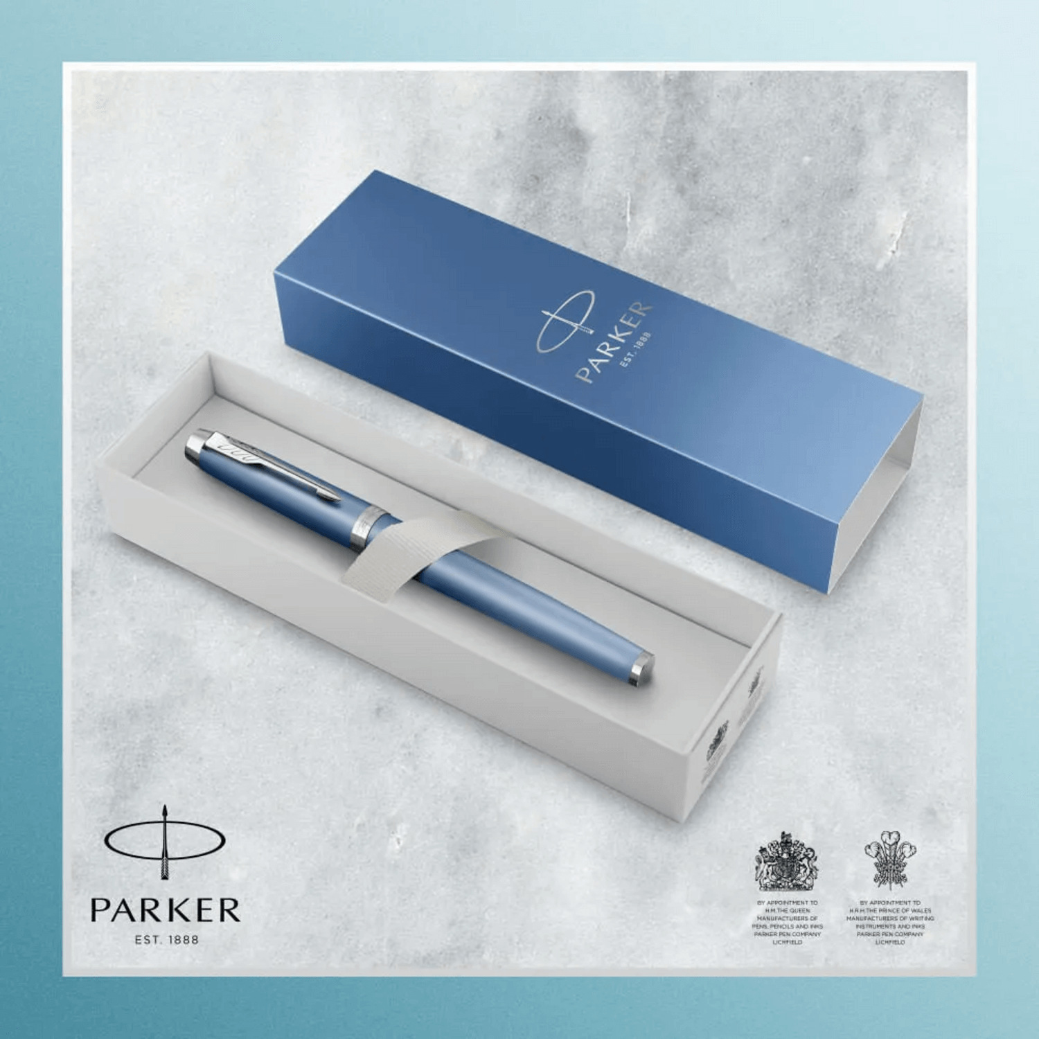 Bolígrafo Rollerball Parker IM Writing Rituals Azul en su caja elegante.