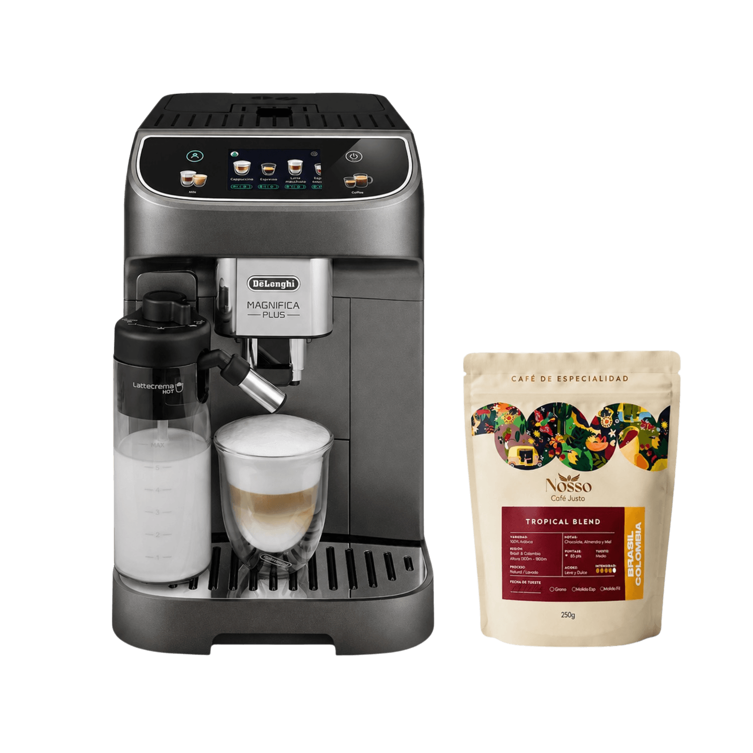 Cafetera DeLonghi Magnifica Plus con Café Nosso Grano 250g, máquina de café superautomática con leche y café recién molido.