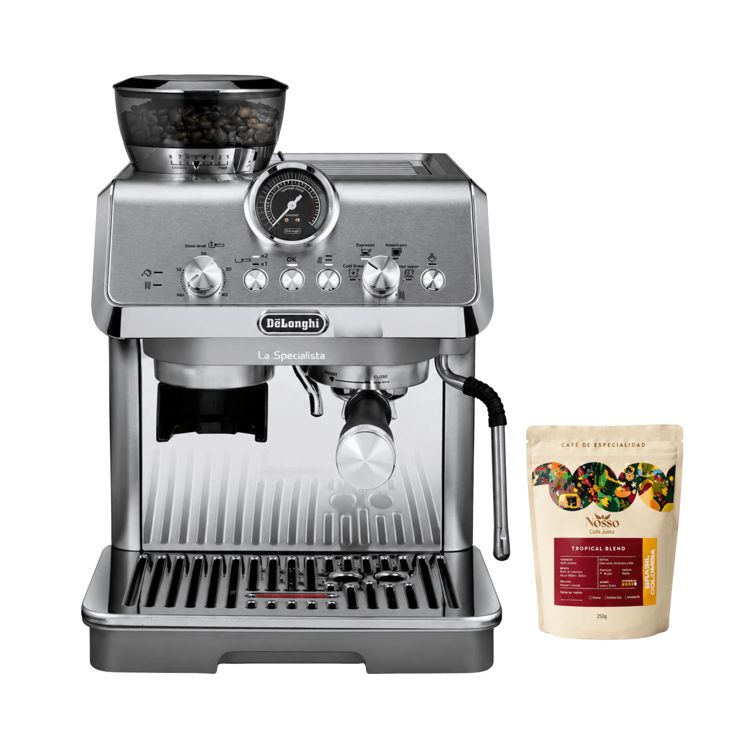 Cafetera DeLonghi Specialista Arte Evo Cold Brew Café 250g con molinillo y café de especialidad.