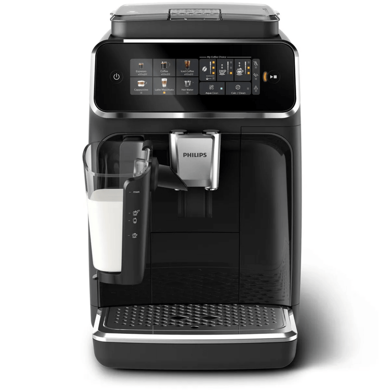 Cafetera superautomática Philips EP3341 con molinillo y panel de control para preparar bebidas de café.