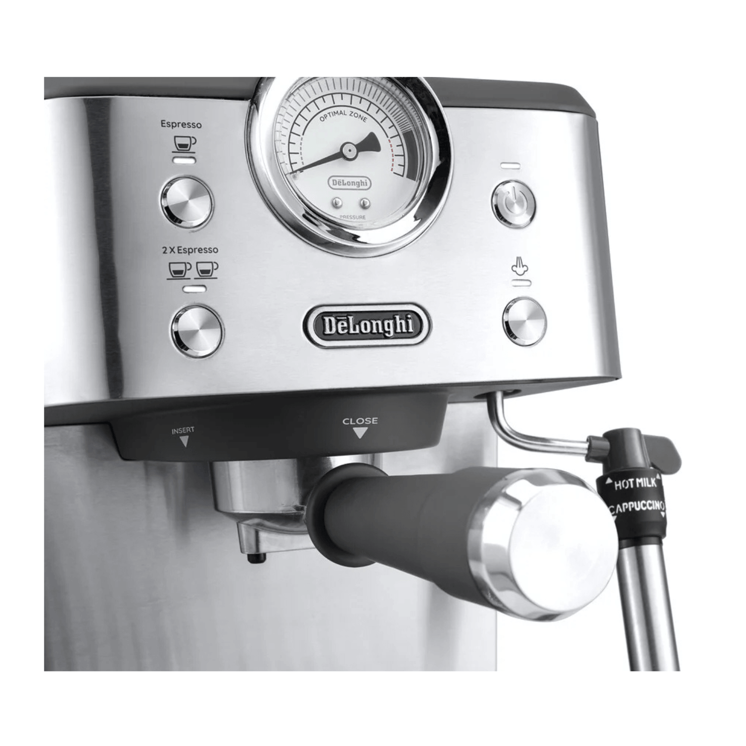 Cafetera Espresso DeLonghi EM450M 15 Bar + Café Molido 200g con diseño metálico y controles visibles.