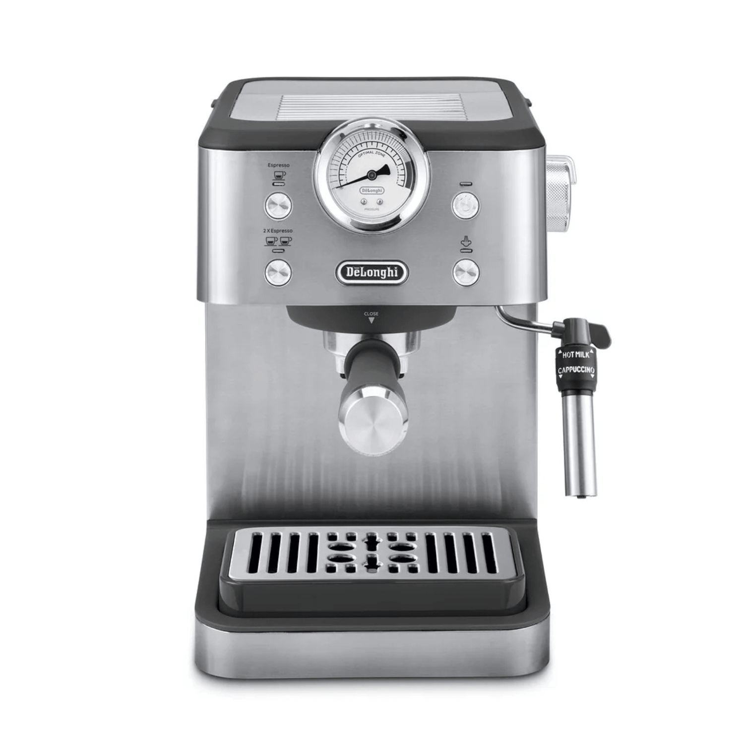 Cafetera Espresso DeLonghi EM450M 15 Bar + Café Molido 200g en diseño metálico con controles visibles y vaporizador