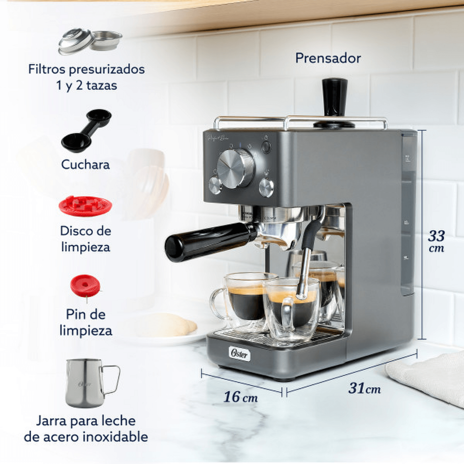 Cafetera Espresso Oster Perfect Brew 15 Bares 58 mm Compacta con accesorios y características en imagen.