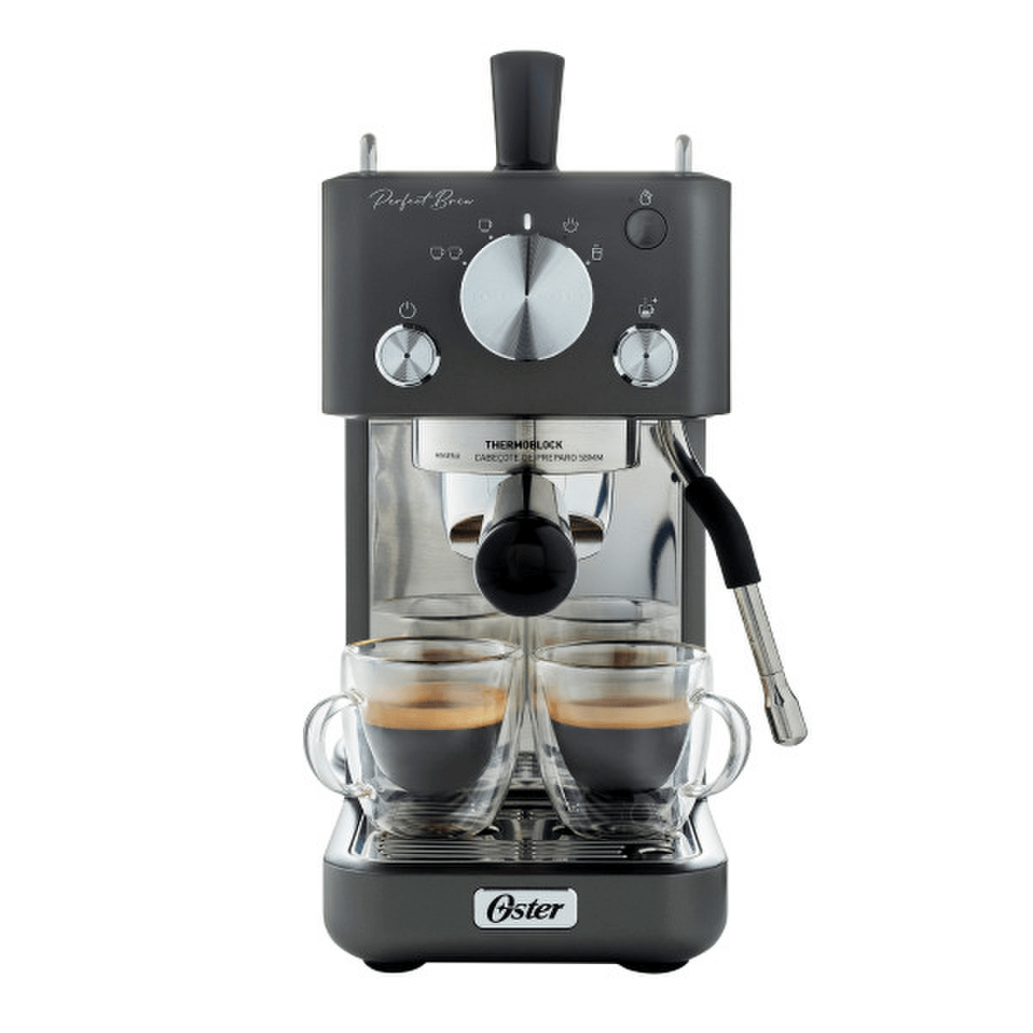 Cafetera Espresso Oster Perfect Brew 15 Bares 58 mm Compacta con dos tazas de café y diseño moderno.