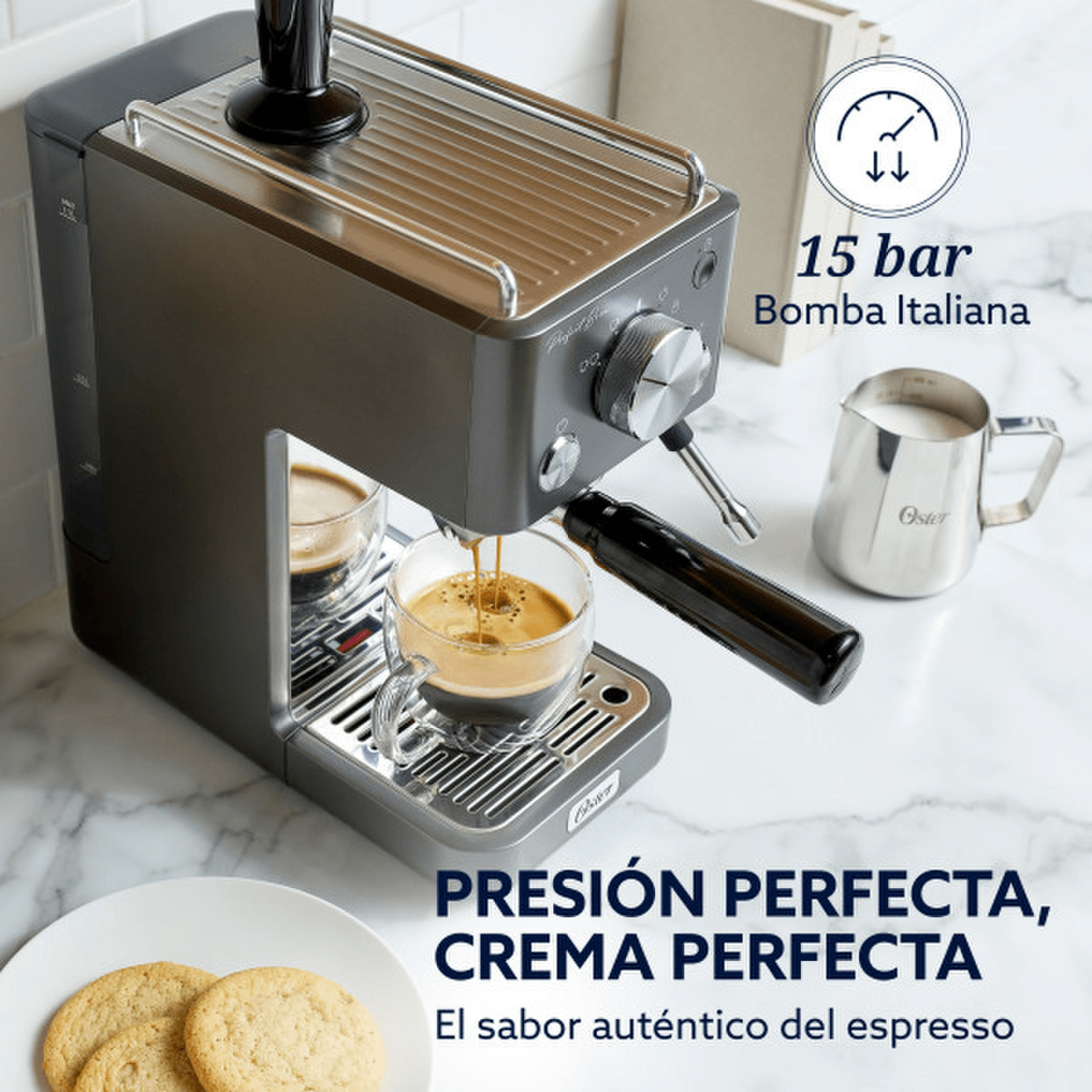 Cafetera Espresso Oster Perfect Brew 15 Bares 58 mm Compacta con bomba italiana de 15 bar y café elaborado en casa.