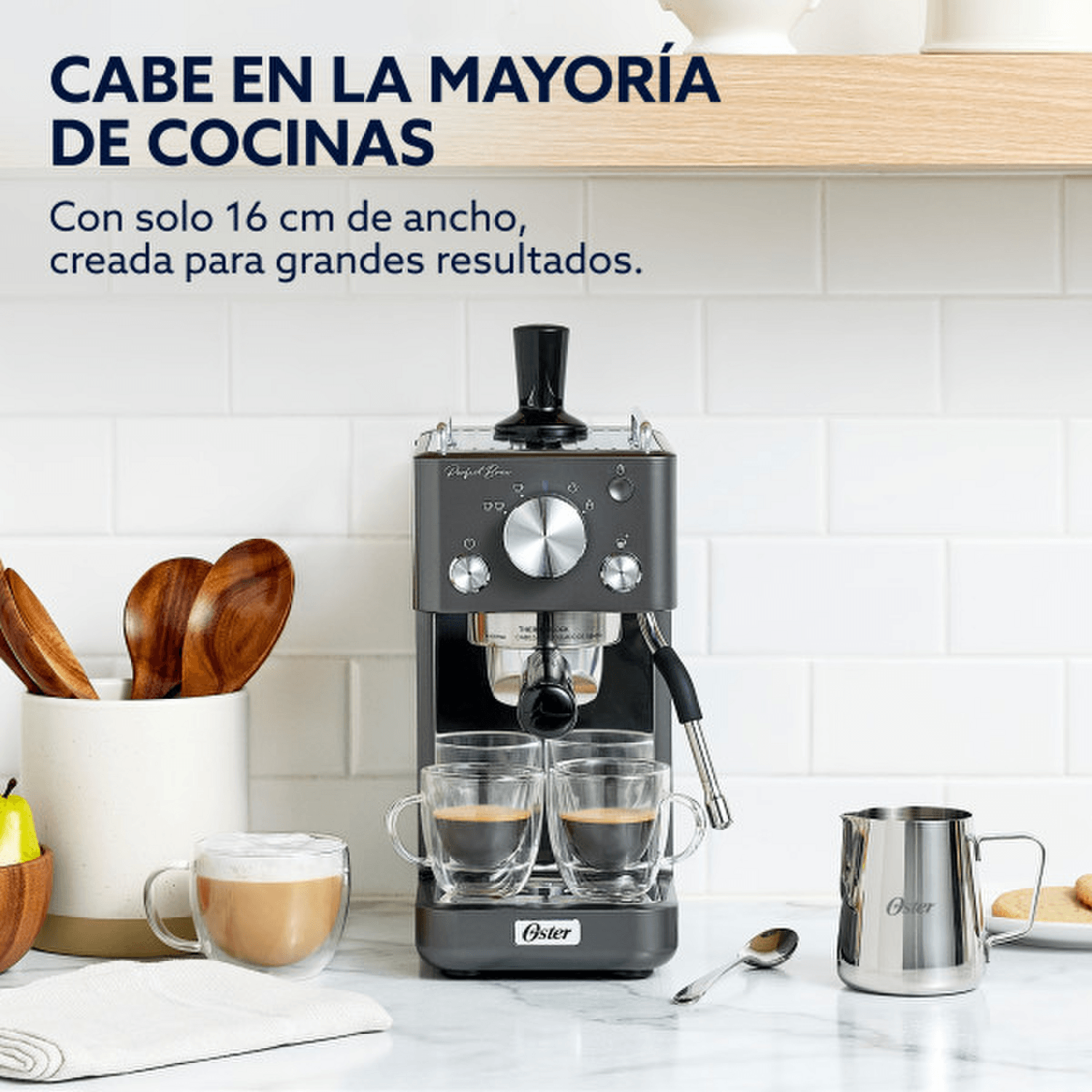 Cafetera Espresso Oster Perfect Brew 15 Bares 58 mm Compacta en cocina moderna, compacta y eficiente.