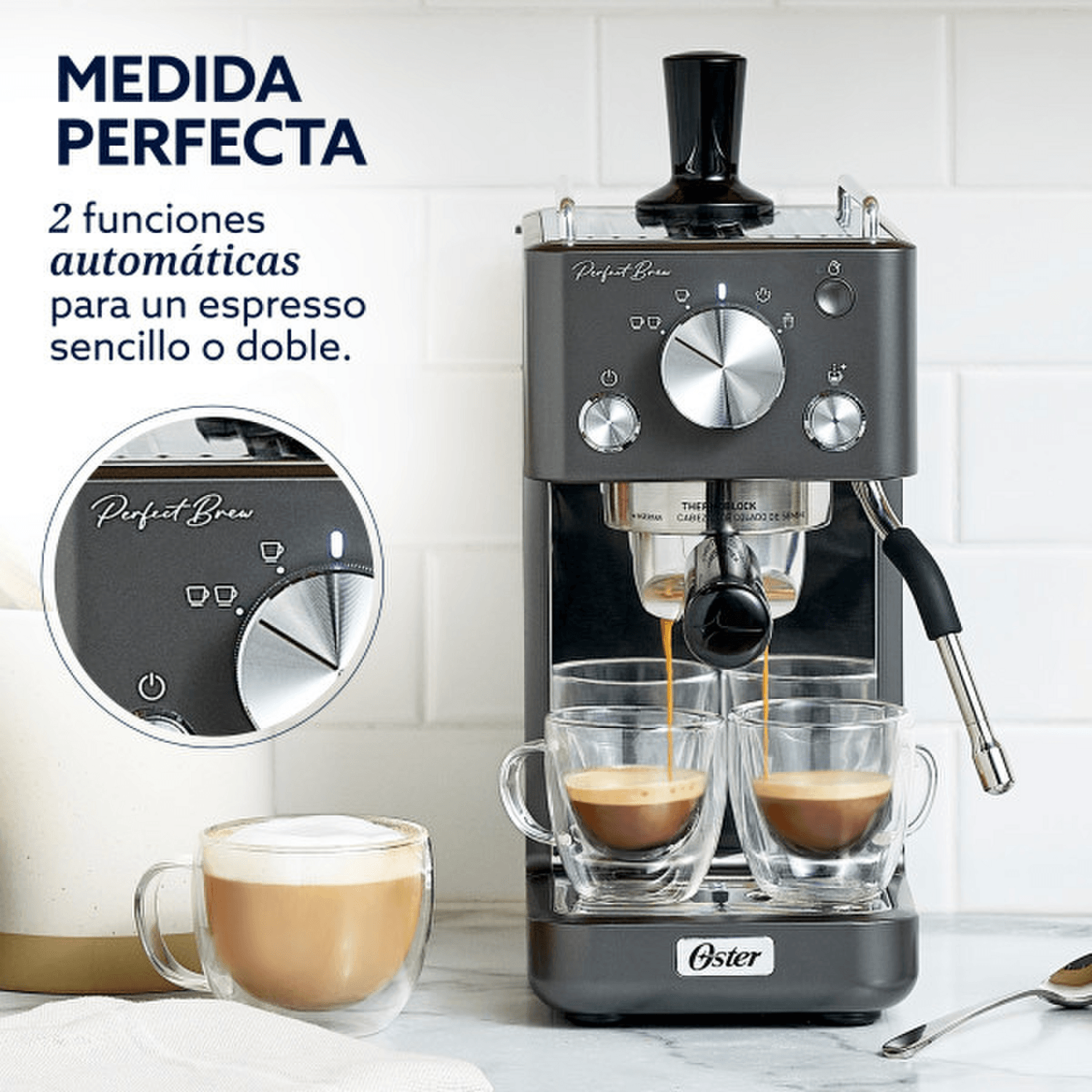 Cafetera Espresso Oster Perfect Brew 15 Bares 58 mm Compacta con funciones automáticas para espresso sencillo o doble.