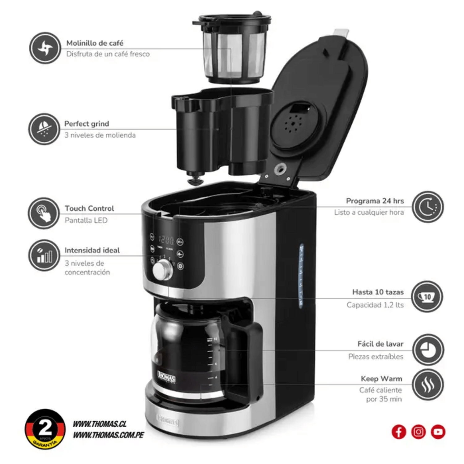 Cafetera 10 Tazas Molinillo Thomas TH-145DMI Mantiene Calor