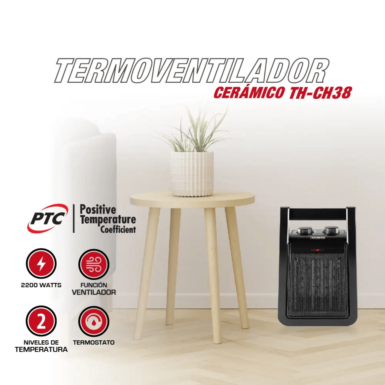 Calefactor Cerámico Thomas 2200W TH-CH38 2 Temp Antivuelco sobre una mesa con planta decorativa.