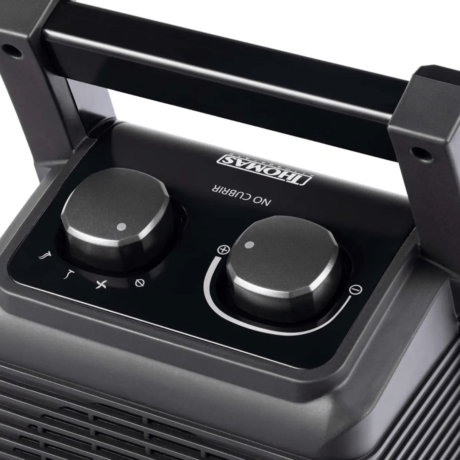 Calefactor Cerámico Thomas 2200W TH-CH38 2 Temp Antivuelco, controles de temperatura y diseño moderno.