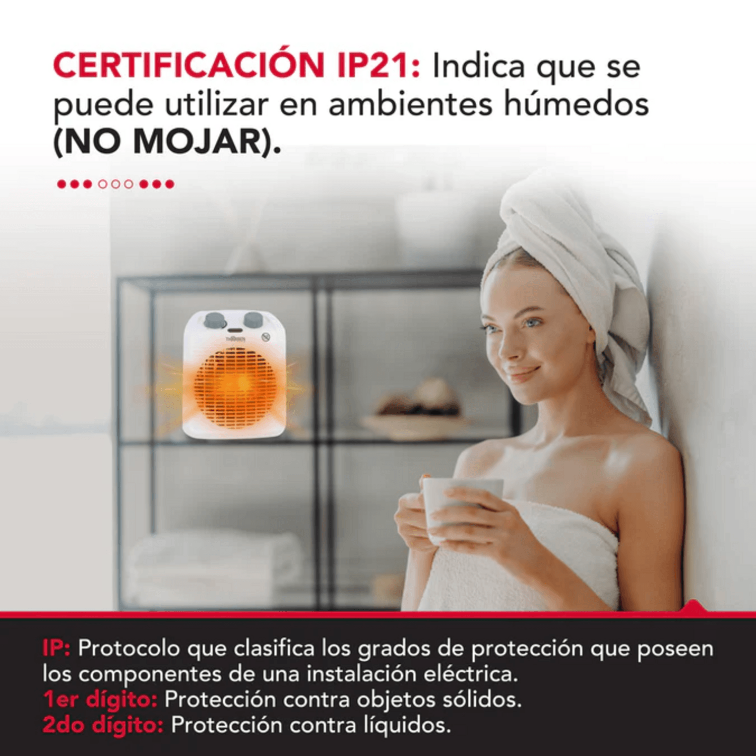 Calefactor eléctrico para baño Thor FH 2000 con certificación IP21, ideal para ambientes húmedos y seguros.