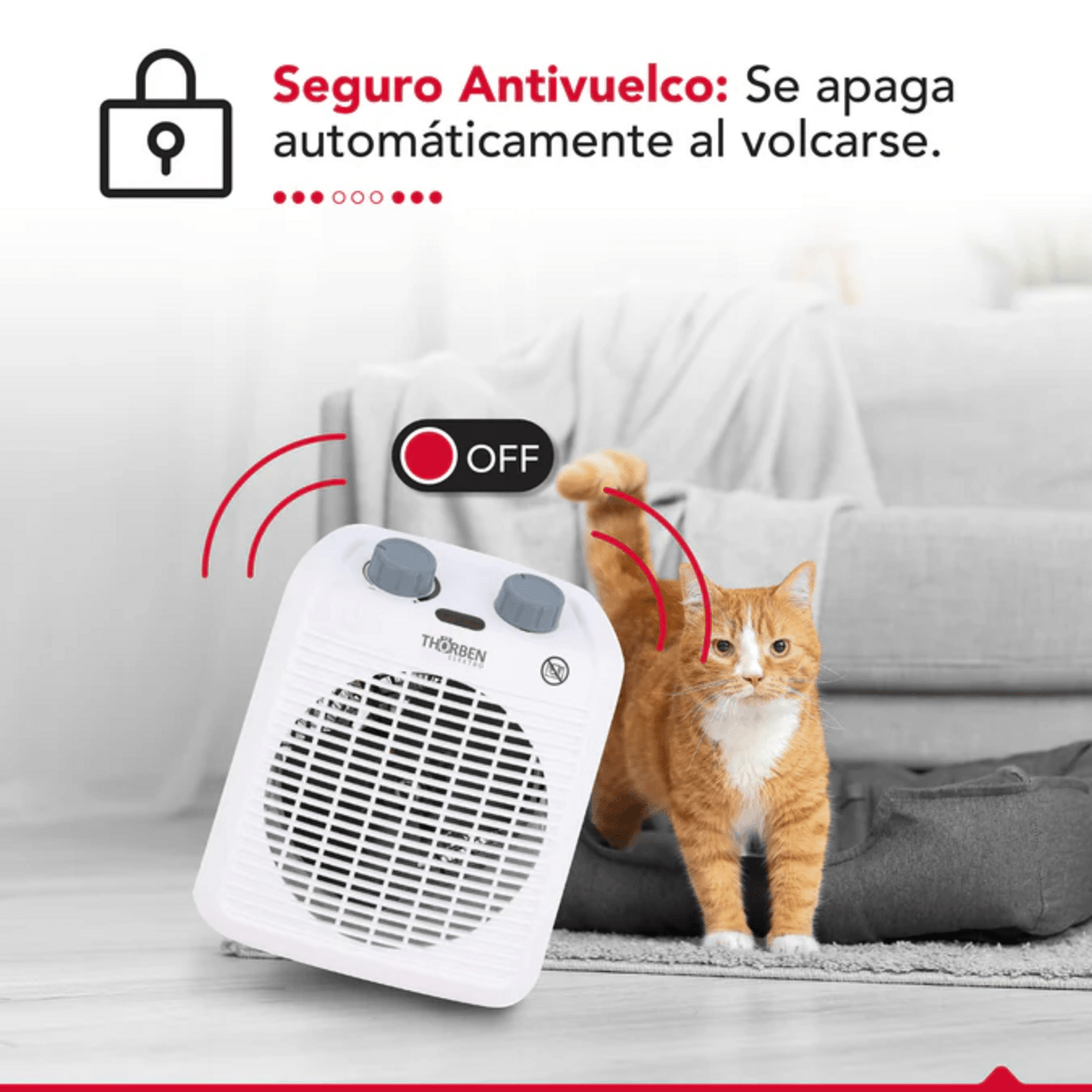 Calefactor eléctrico para baño Thor FH 2000 con sistema de seguridad antivuelco y apagado automático.