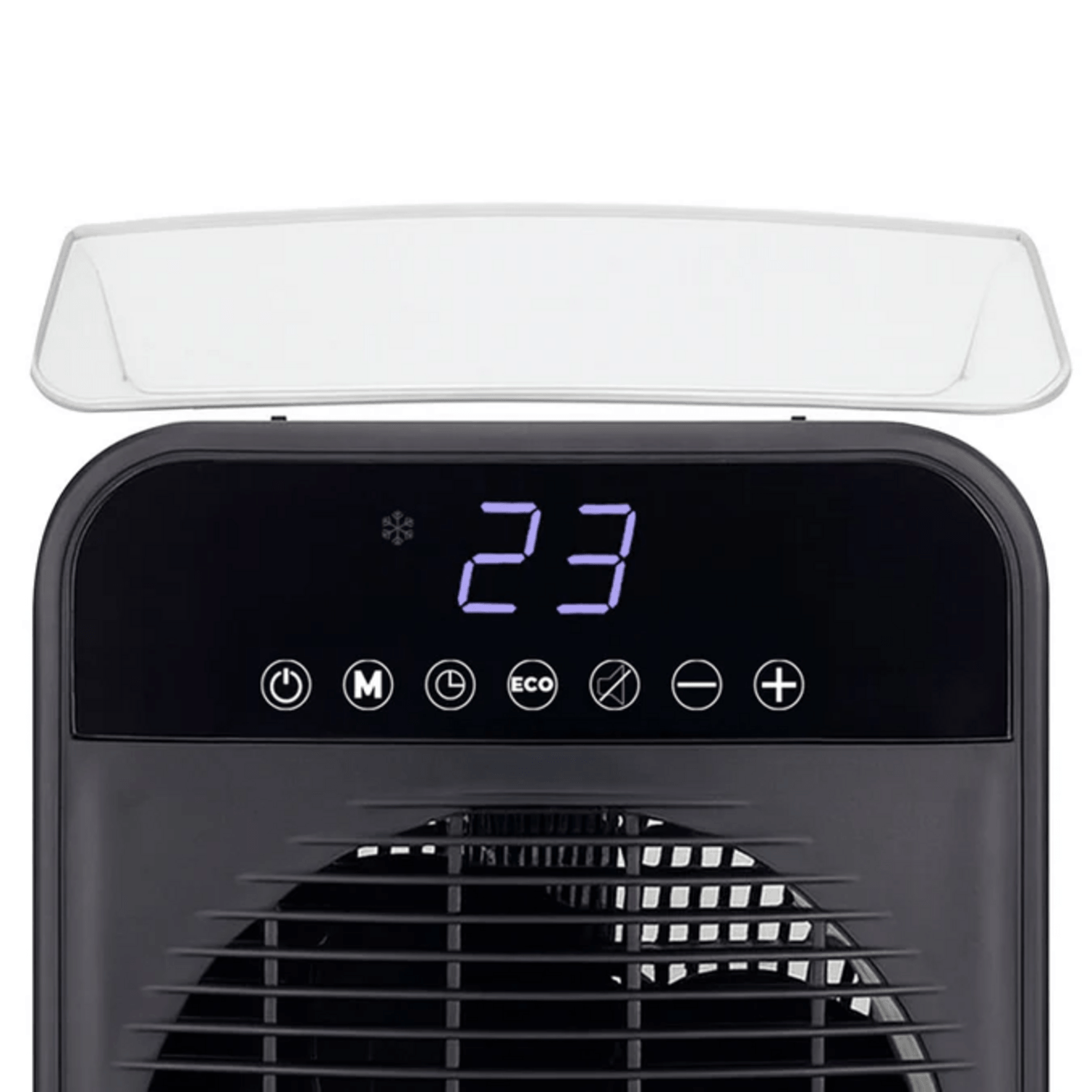 Calefactor digital 2000W con control digital y termostato ajustable a 23 grados.