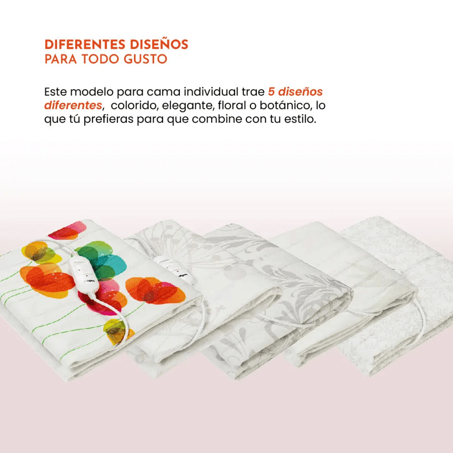 Calienta Cama Siegen 1 Plaza 60 W 2 Niveles Flores SG-5120D2 con 5 diseños diferentes coloridos y elegantes.