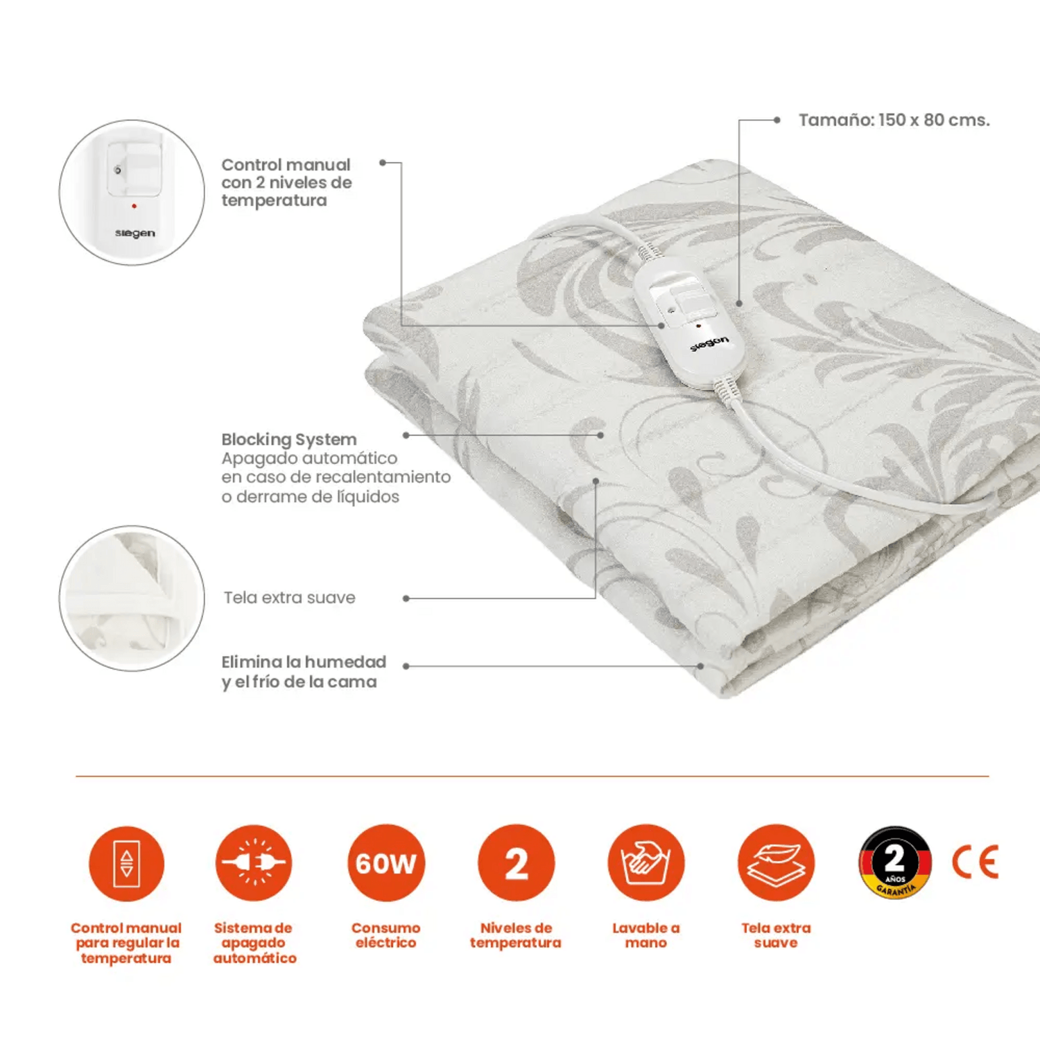 Calienta Cama Siegen 1 Plaza 60 W 2 Niveles Flores SG-5120D2 con control manual y tela extra suave.
