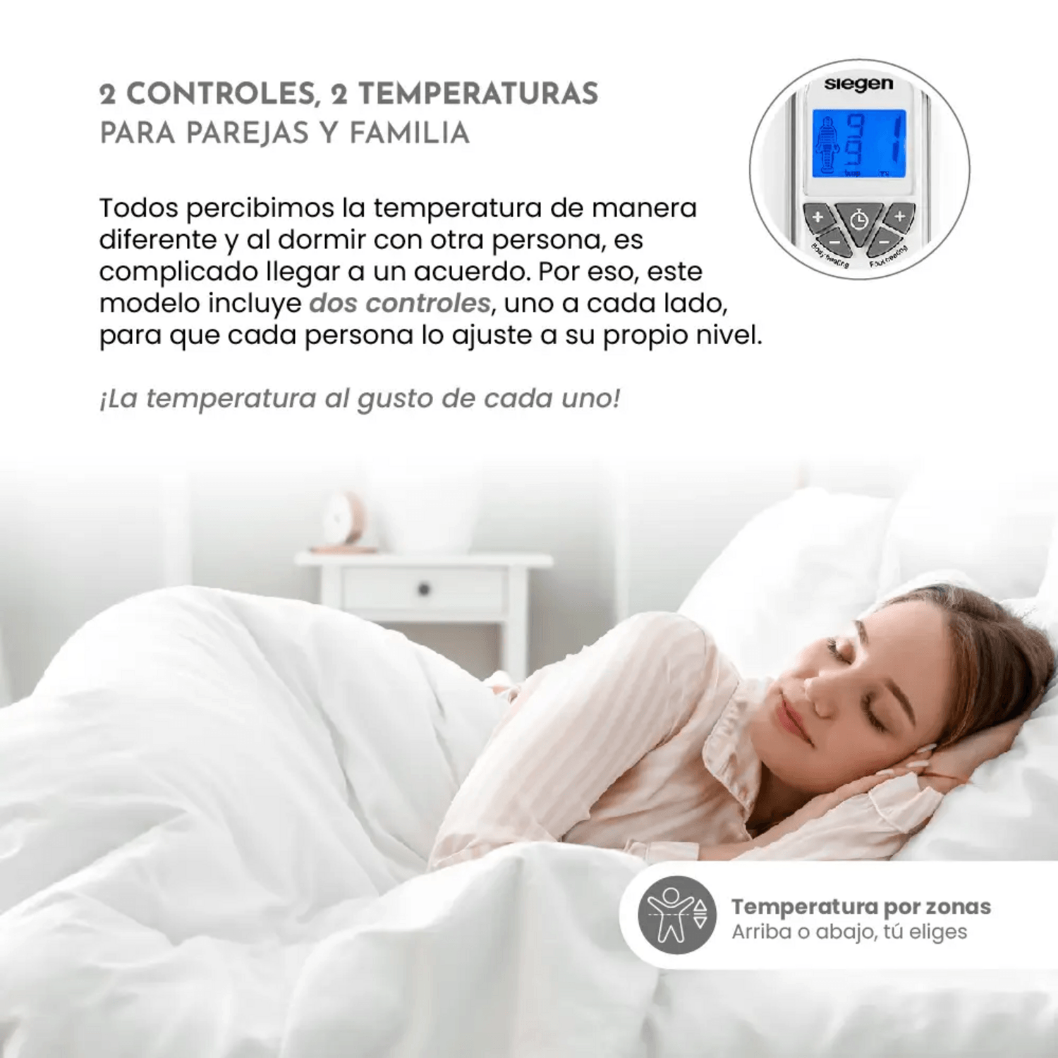 Calienta Cama Siegen 2 Plazas Chiporro 9 Temp 60 W SG-5351 con controles individuales para parejas y familias