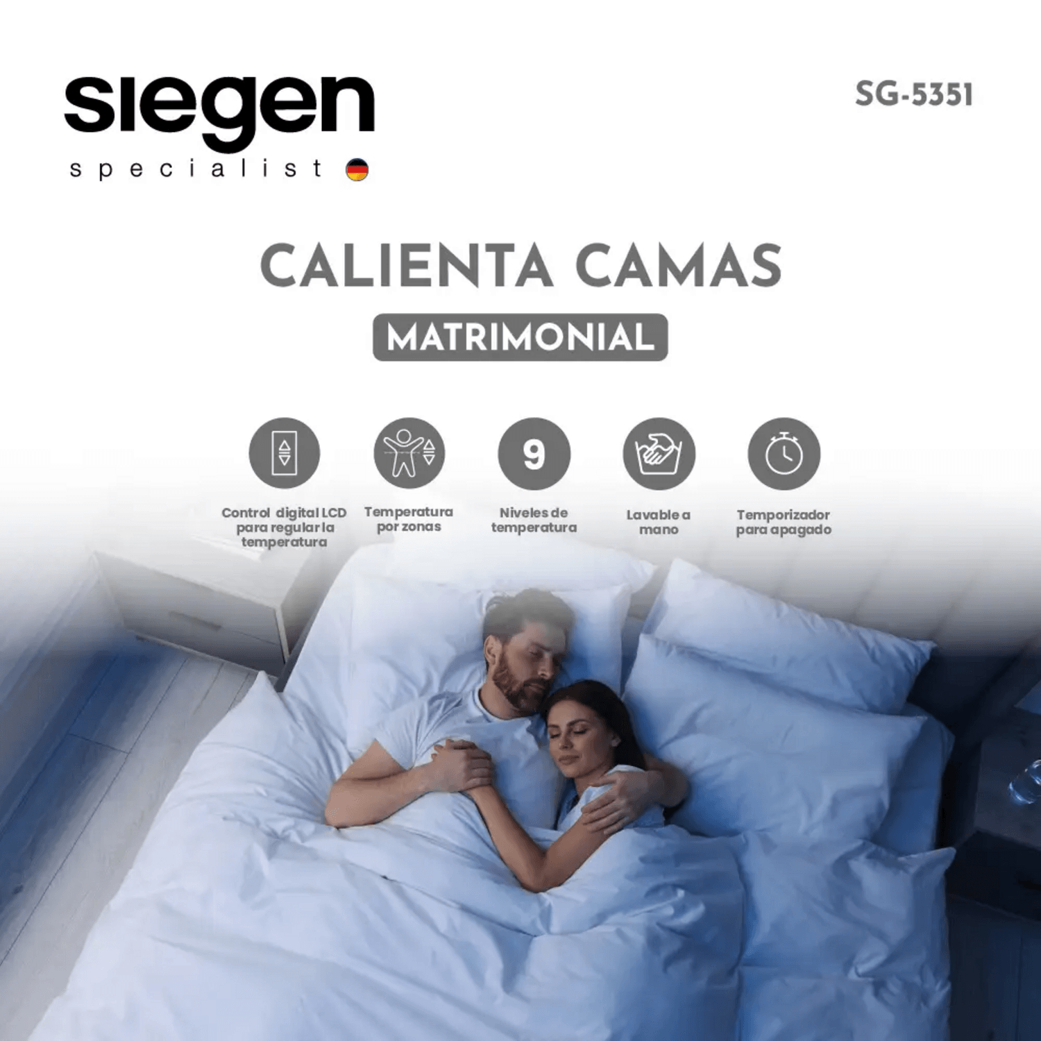 Calienta Cama Siegen 2 Plazas Chiporro 9 Temp 60 W SG-5351 con control digital y temperaturas ajustables.