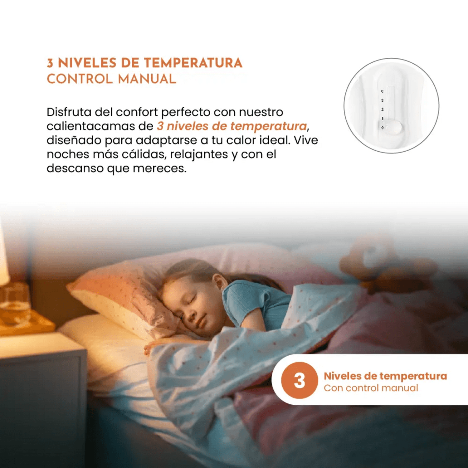 Calienta Cama Siegen 1 Plaza 60 W Lavable 3 Temp SG-5010 con 3 niveles de temperatura y control manual.