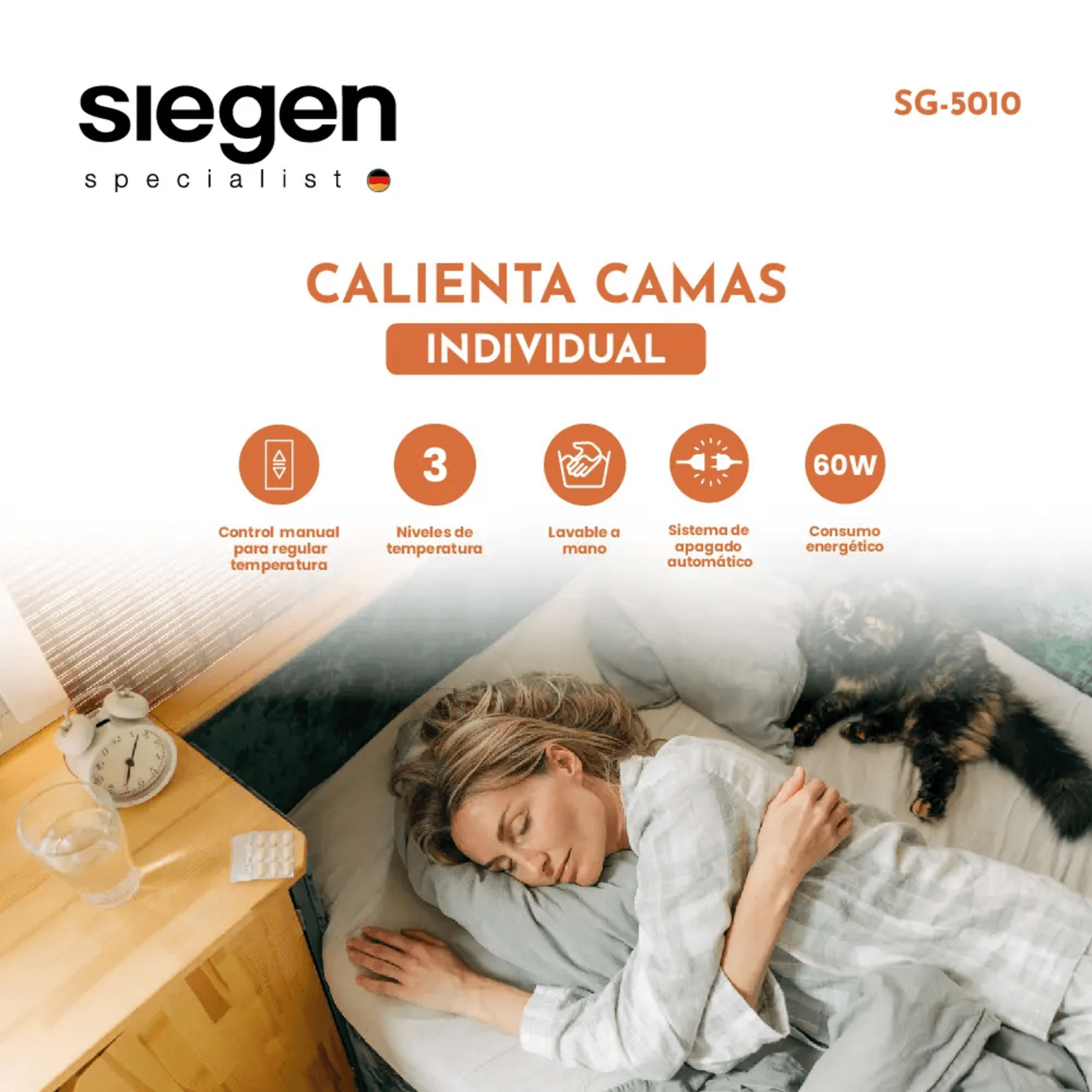 Calienta Cama Siegen 1 Plaza 60 W Lavable 3 Temp SG-5010 con control manual y 3 niveles de temperatura.