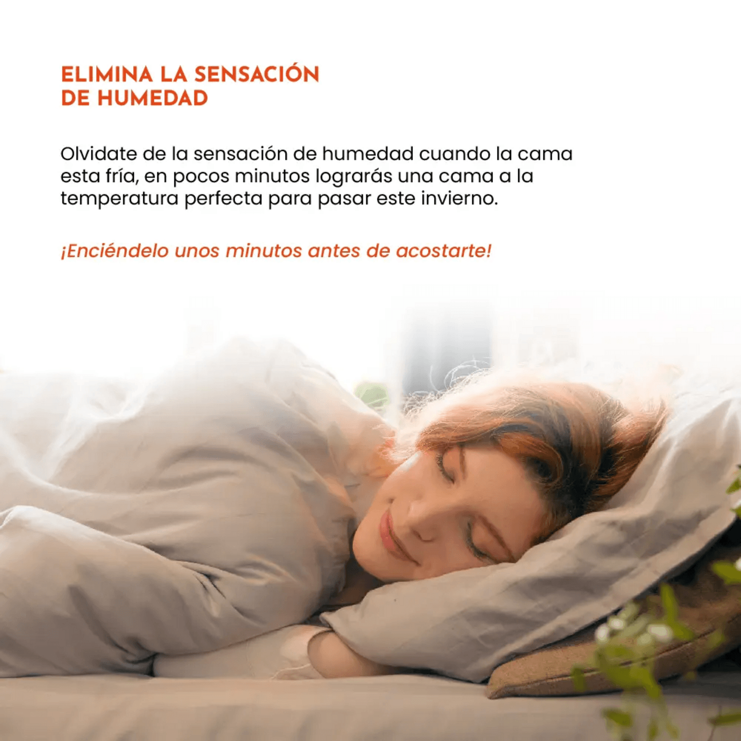 Mujer durmiendo cómodamente en cama con Calienta Cama Siegen 1 Plaza 60 W 2 Niveles Flores SG-5120D2.
