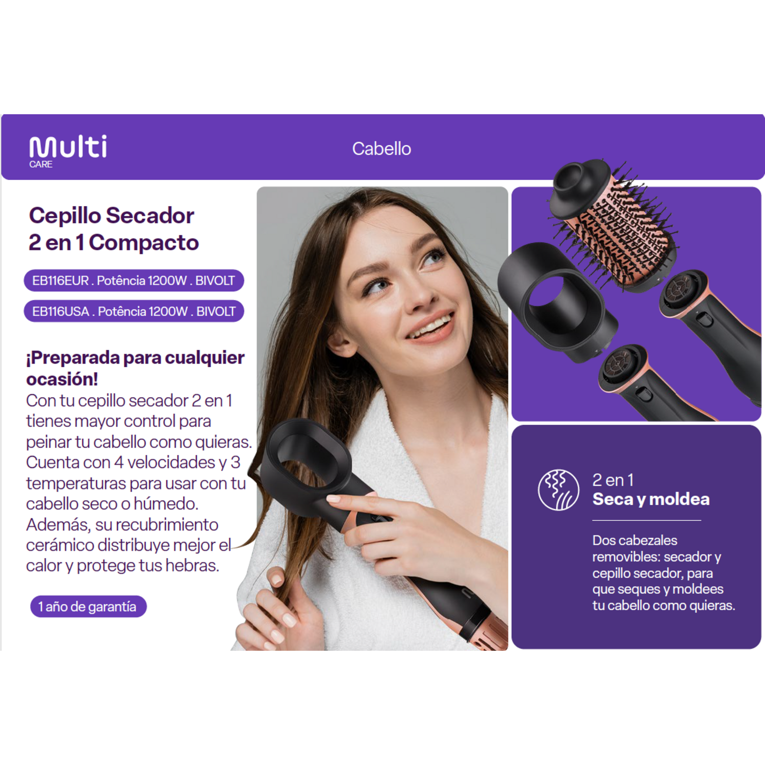 Cepillo Secador 2 en 1 Multi Compacto EB116 Multilaser New Horizons Chile New Horizons NHT.cl