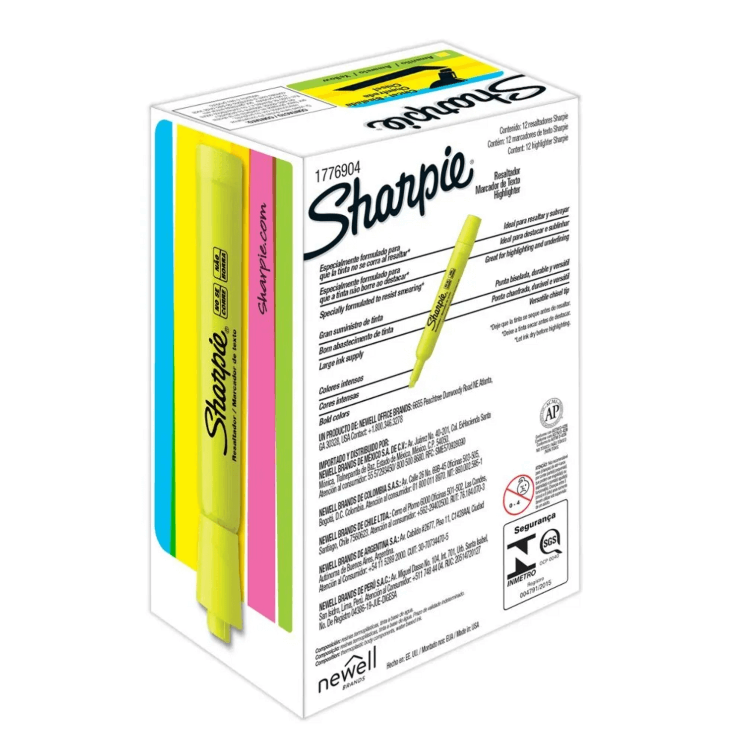 Destacador Sharpie Tank Amarillo 25025B Fluor Biselado con su empaque y detalles de tinta amarilla.