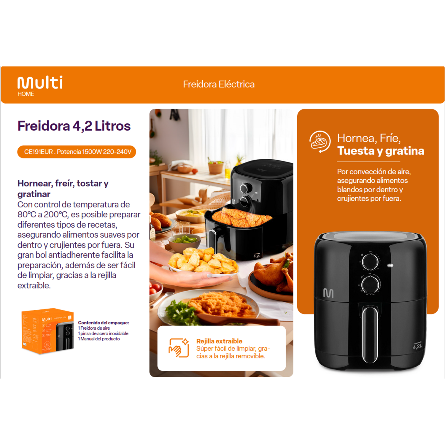 Air Fryer Freidora Multi 4.2 Litros 1500W CE191 Negra