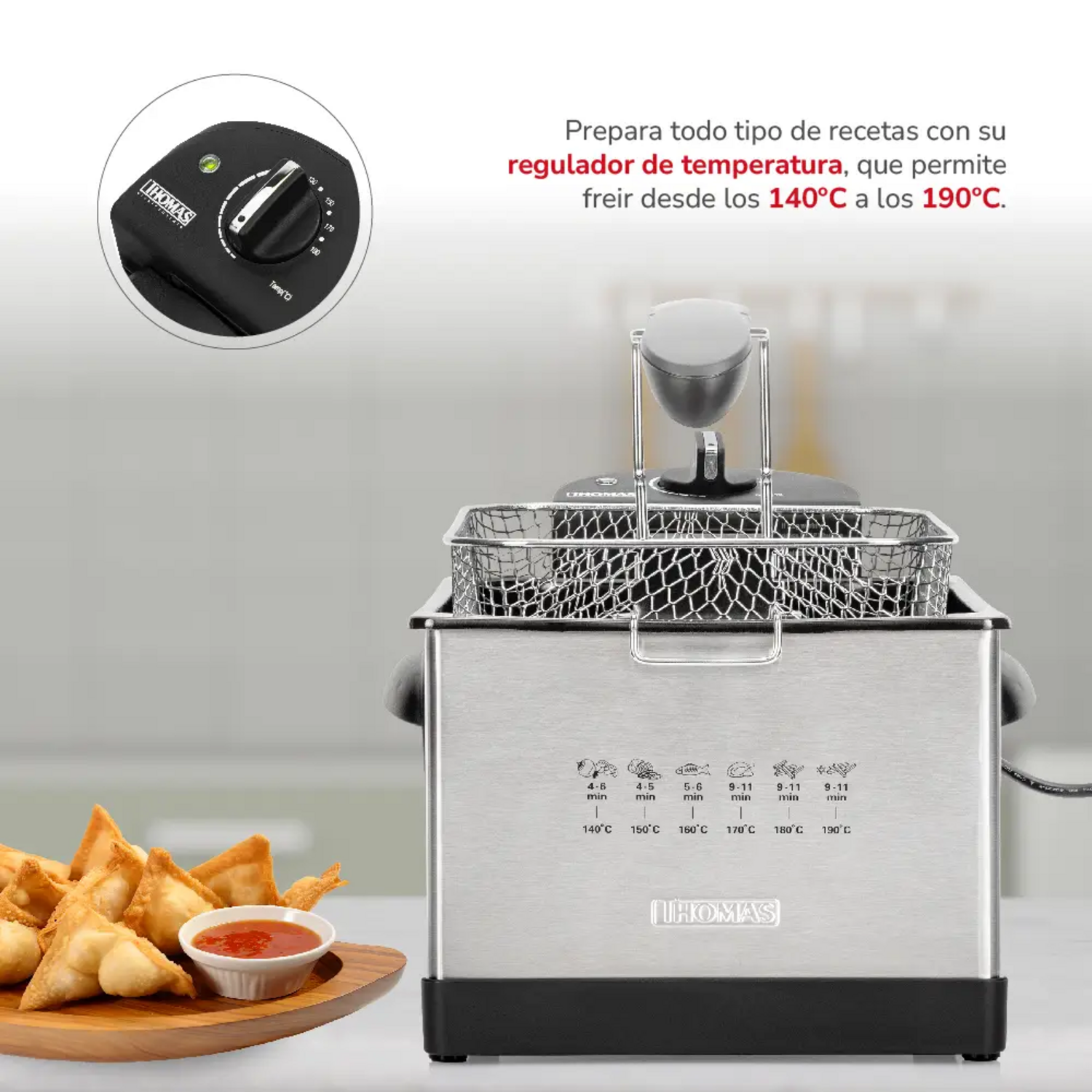 Freidora Aceite Thomas 5 Litros 1950W Rápida Inox 190C con regulador de temperatura para frituras perfectas.