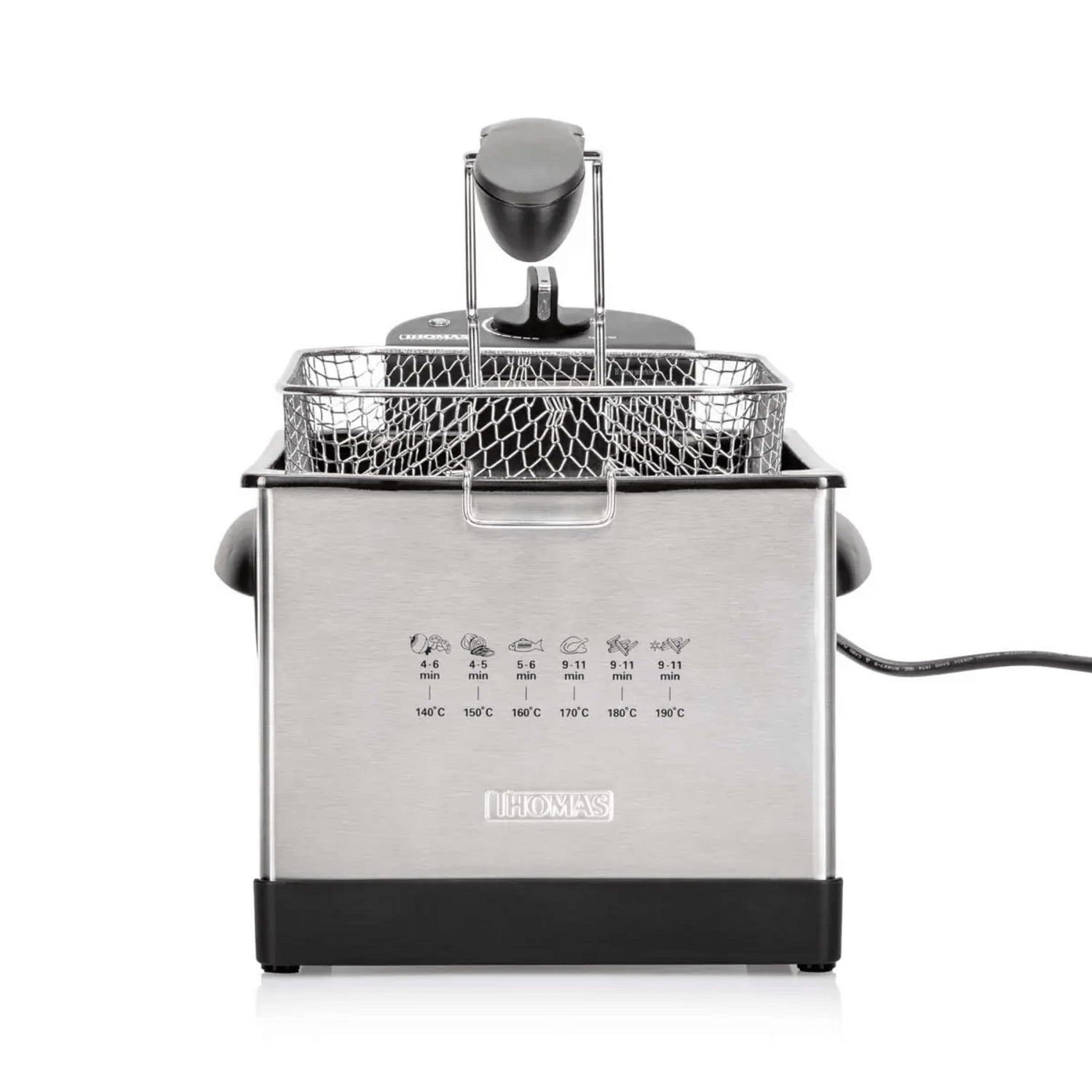 Freidora Aceite Thomas 5 Litros 1950W Rápida Inox 190C vista frontal con cesto y controles.