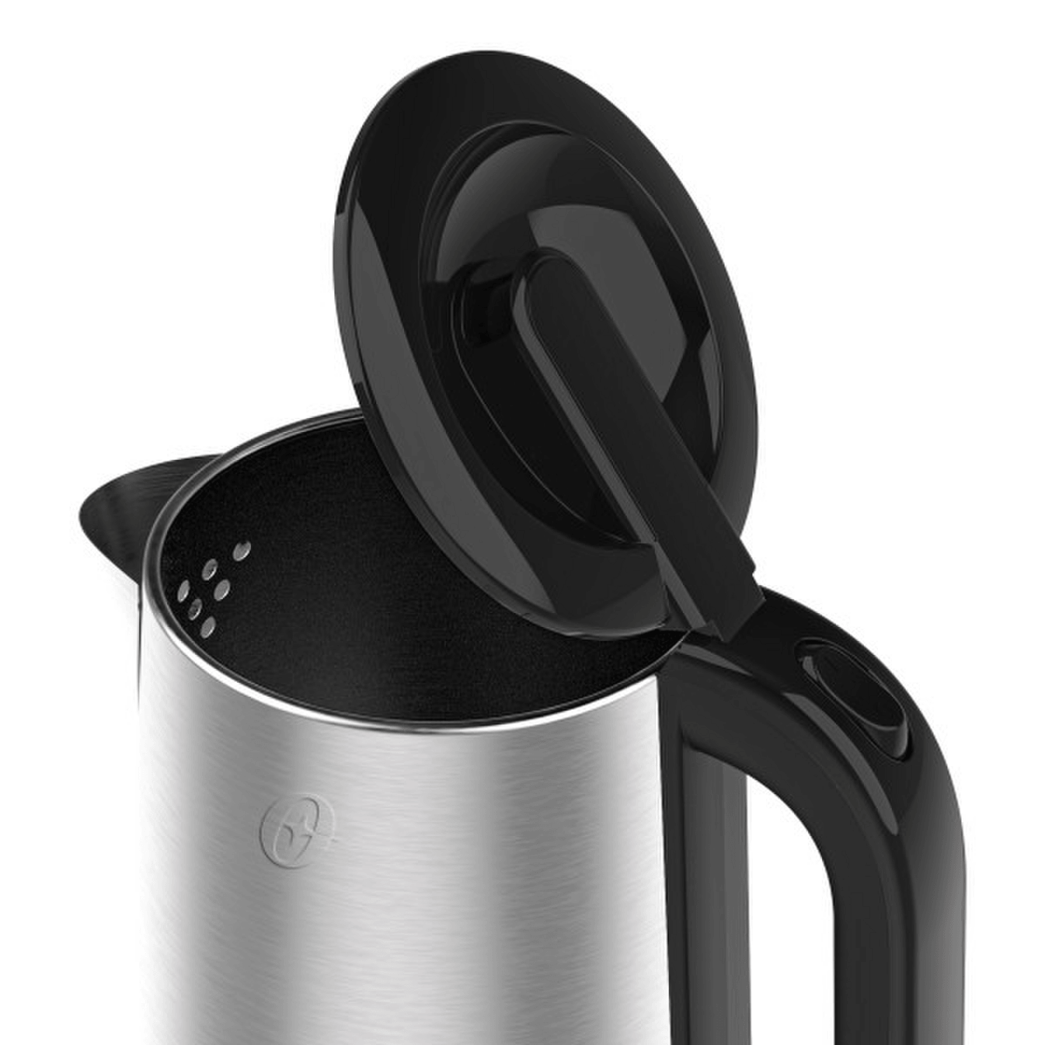 Hervidor Oster 2L 1200W Acero Inox Apagado Auto 2220516 con tapa abierta mostrando el interior.