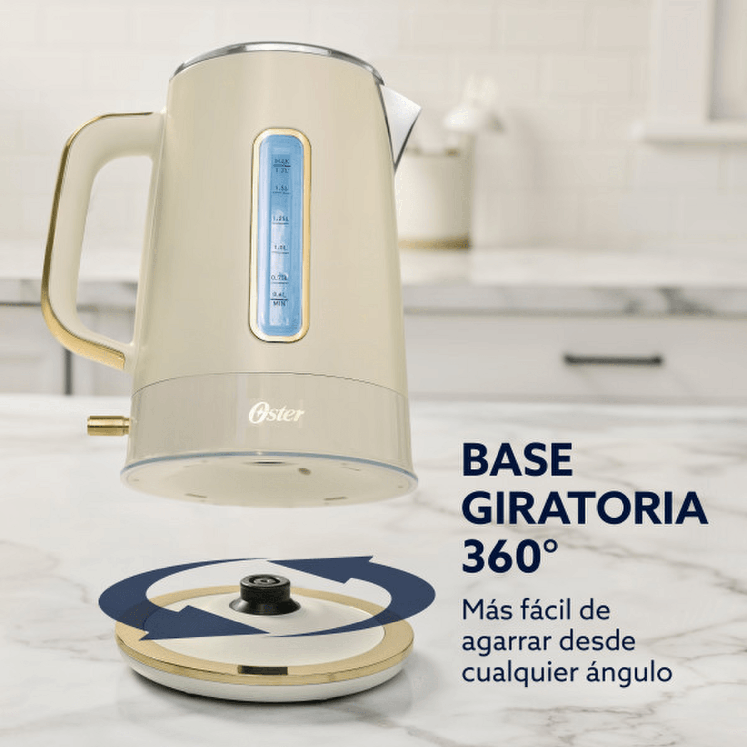Hervidor Oster Premium Beige Colección 2026 1,7L Luz 2000W con base giratoria 360° para fácil manejo.