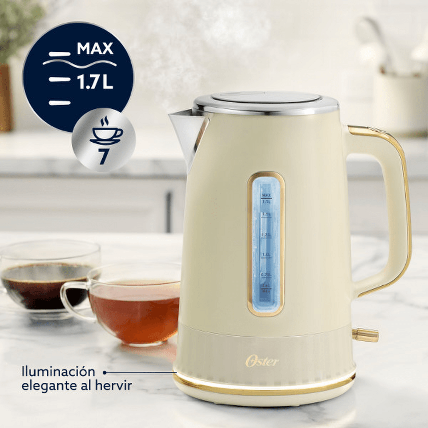 Hervidor Oster Premium Beige Colección 2026 1,7L Luz 2000W con diseño elegante y funcional, ideal para hervir agua.