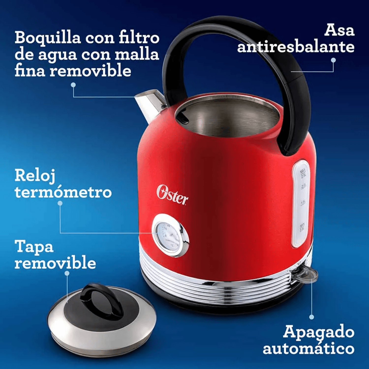 Hervidor Oster Rojo 2,5L Tipo Tetera con Termómetro Acero