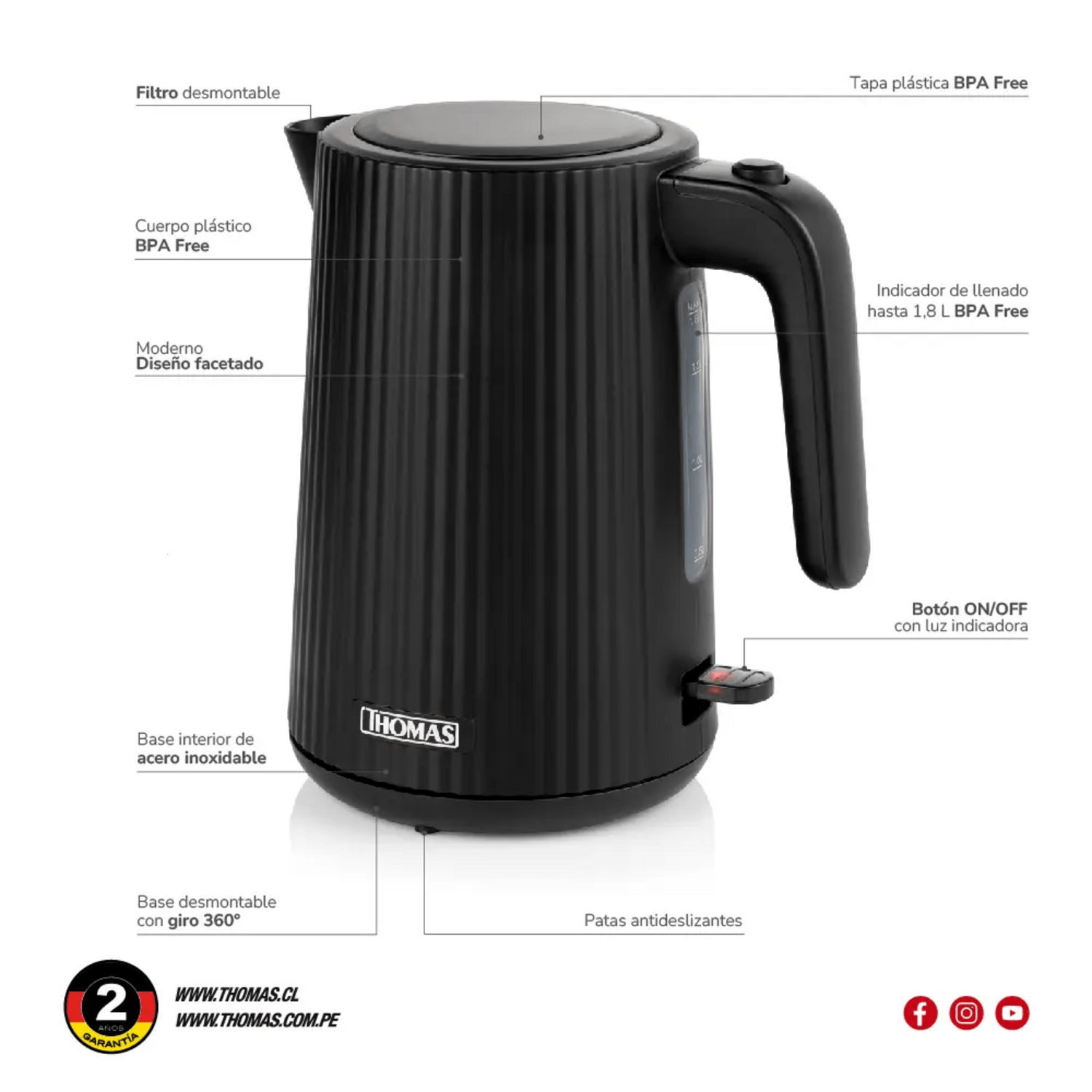 Hervidor Thomas TH-4343N 1.8L 2200W Rápido y Económico