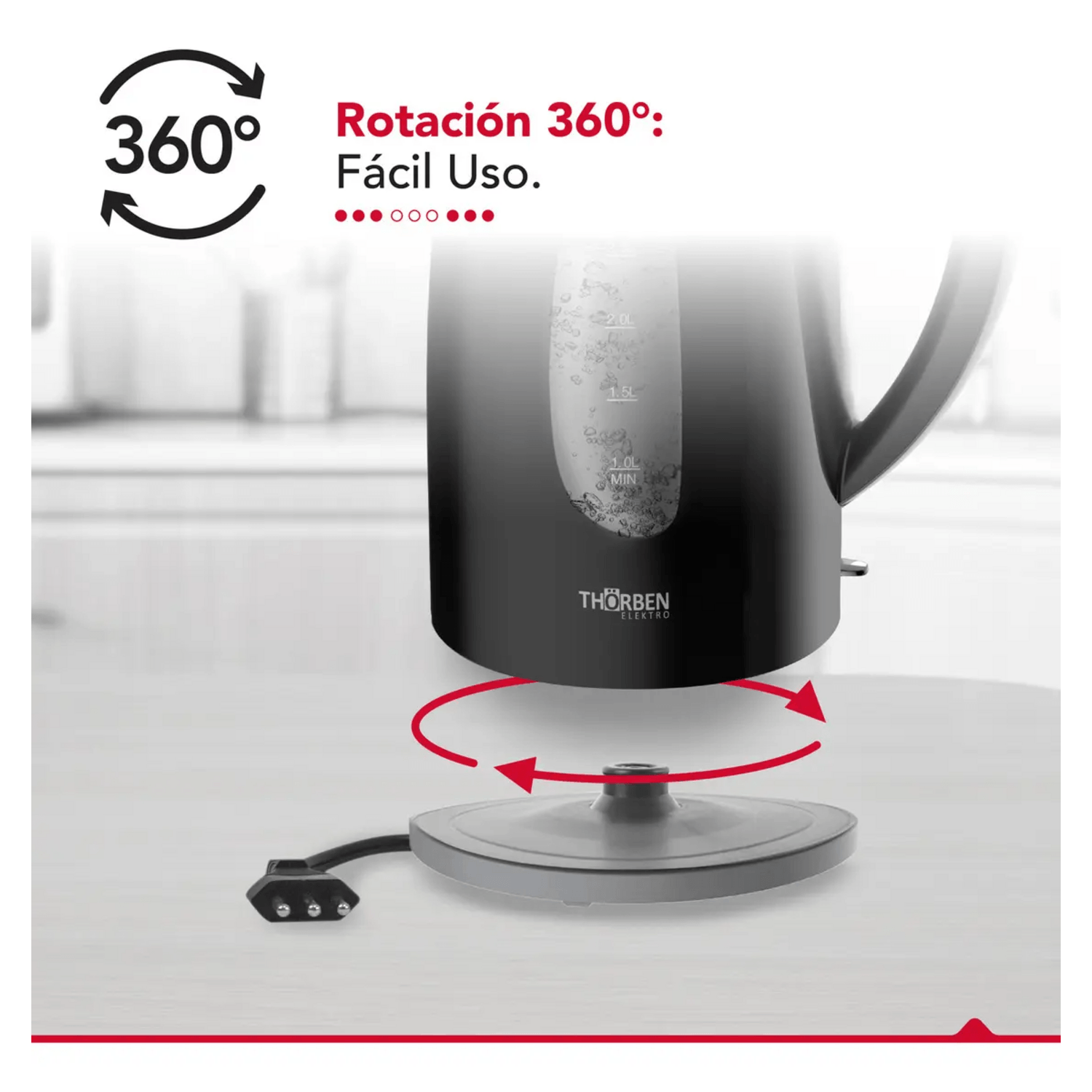 Hervidor eléctrico 3 litros Thorben Magnum 3000 con base giratoria 360°, ideal para fácil uso y agua caliente diaria.