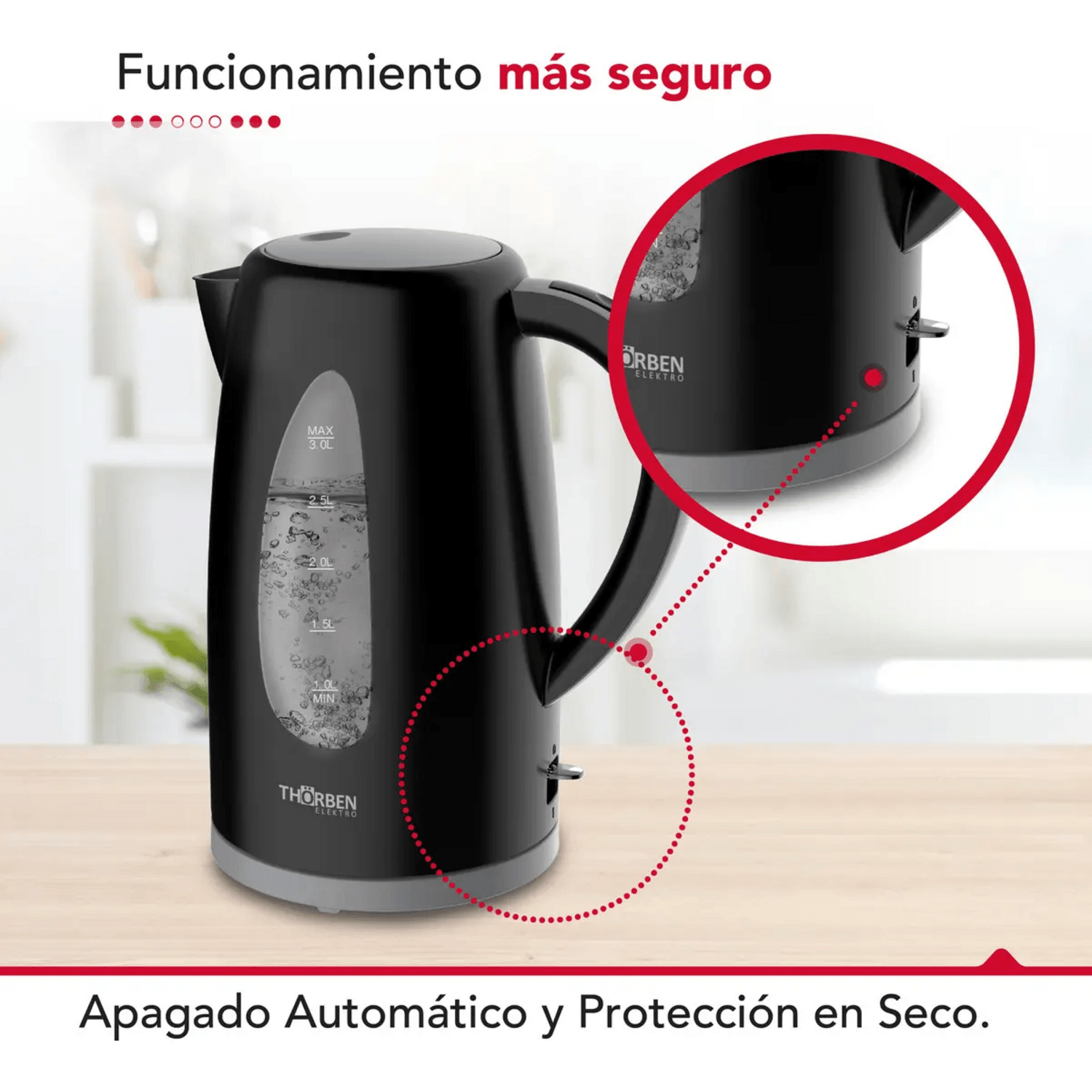 Hervidor eléctrico 3 litros Thorben Magnum 3000 con apagado automático y protección en seco.