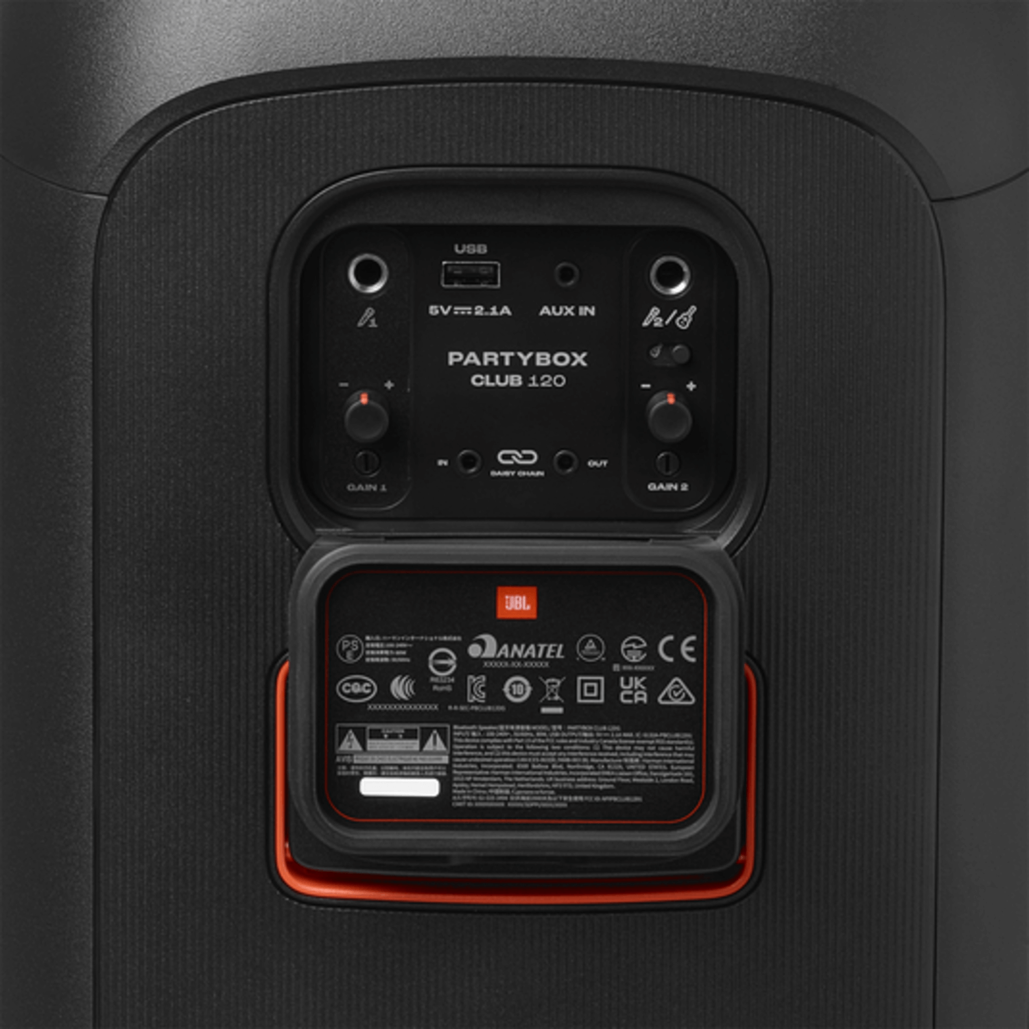 Panel de conexión y especificaciones del Parlante Torre JBL PartyBox Club 120 Batería 12H BT 5.3.